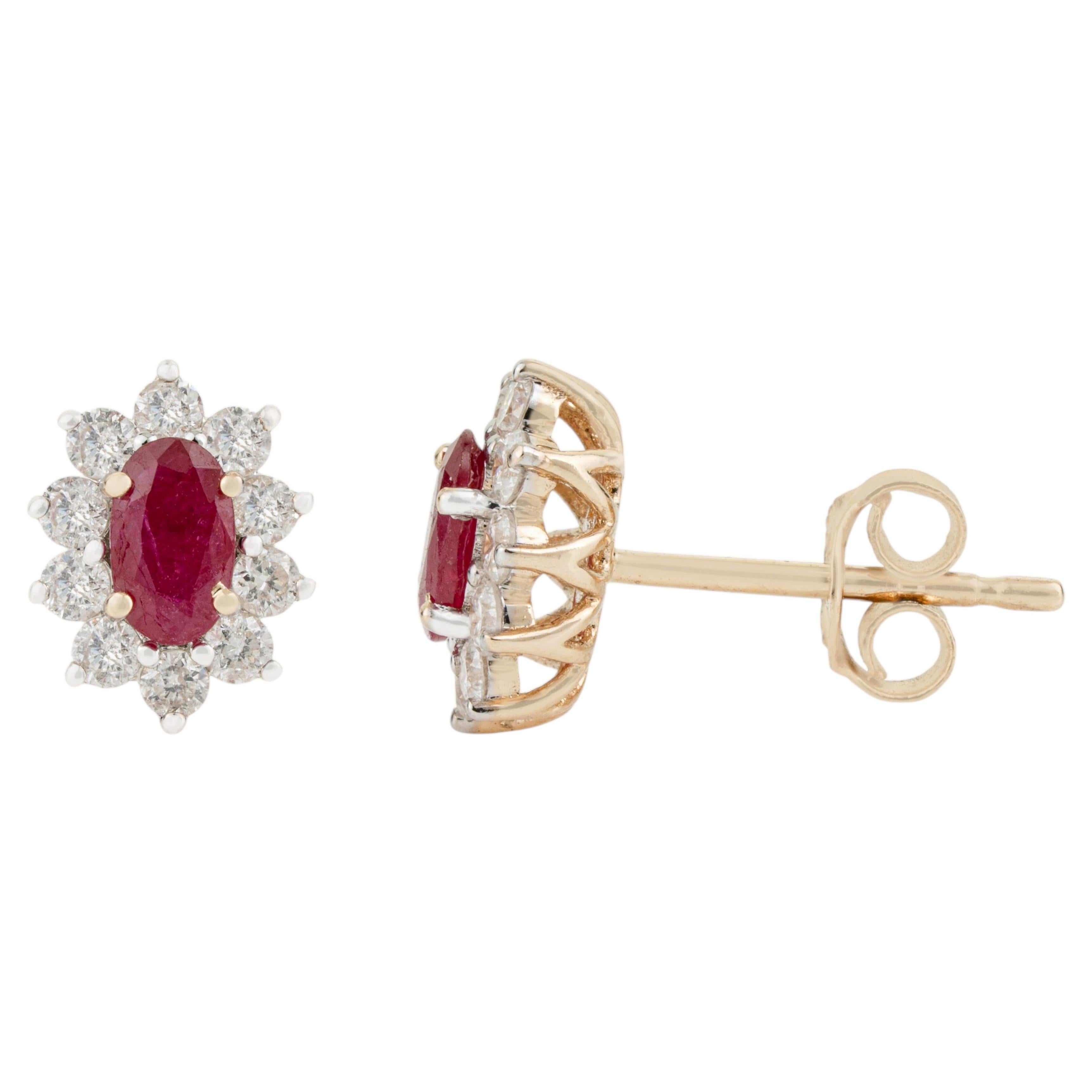 Vintage-Inspired Ruby & Diamond Halo Cluster Stud Earrings in 14K Yellow Gold For Sale