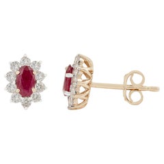 Vintage-Inspired Ruby & Diamond Halo Cluster Stud Earrings in 14K Yellow Gold