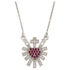 Vintage-Inspired Ruby Diamond Sacred Heart Pendant Necklace in 14K White Gold