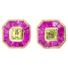 Vintage Inspired Ruby & Peridot Milgrain Style Stud Earrings 9 Carat Yellow Gold