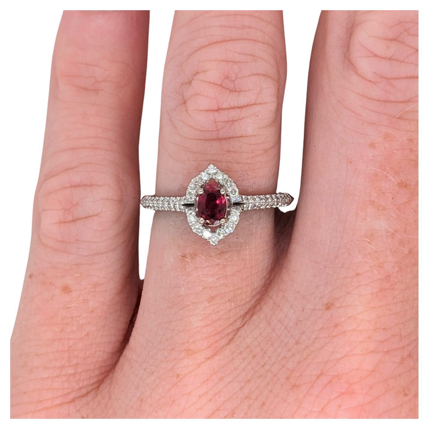Modernist Vintage Inspired Ruby Ring w Diamond Halo in 14K White Gold Oval 5x3.5mm