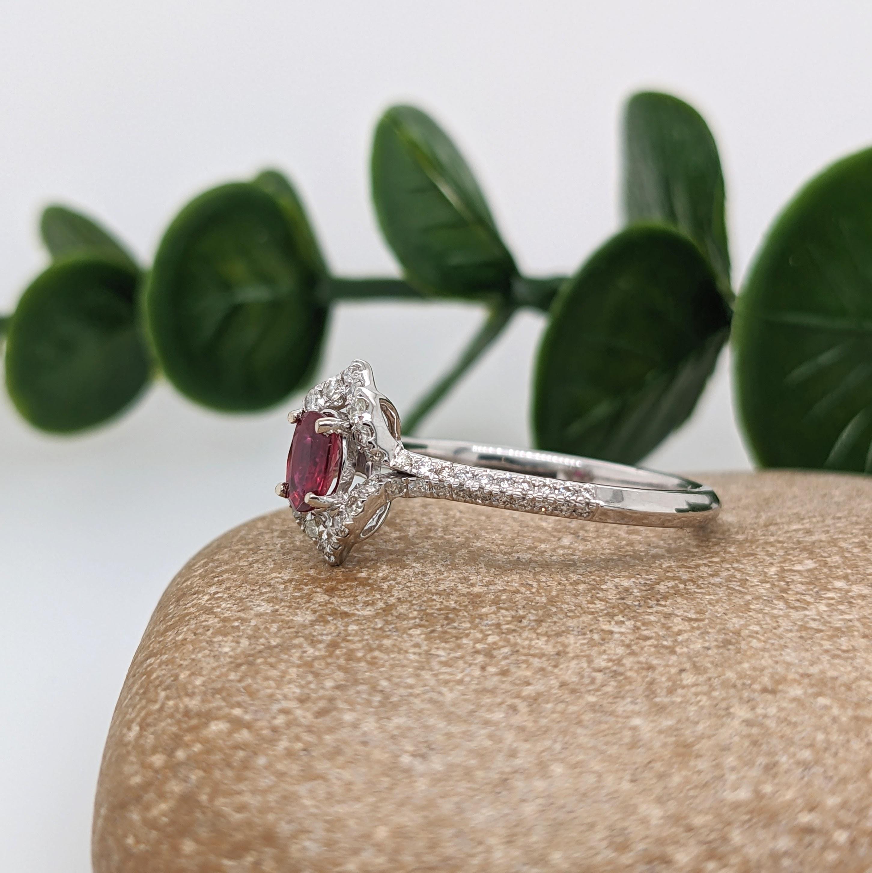 Vintage Inspired Ruby Ring w Diamond Halo in 14K White Gold Oval 5x3.5mm In New Condition In Columbus, OH