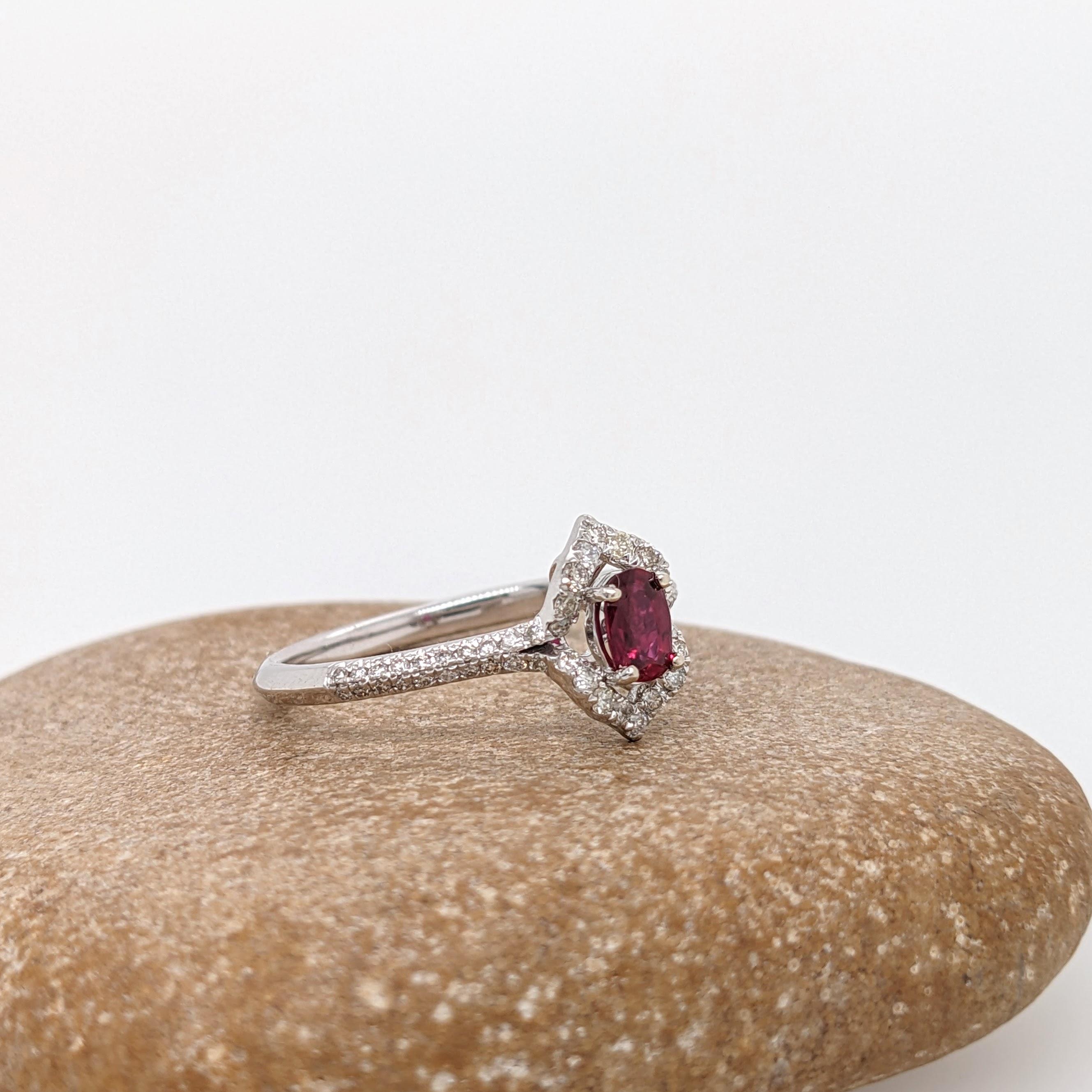 Women's Vintage Inspired Ruby Ring w Diamond Halo in 14K White Gold Oval 5x3.5mm