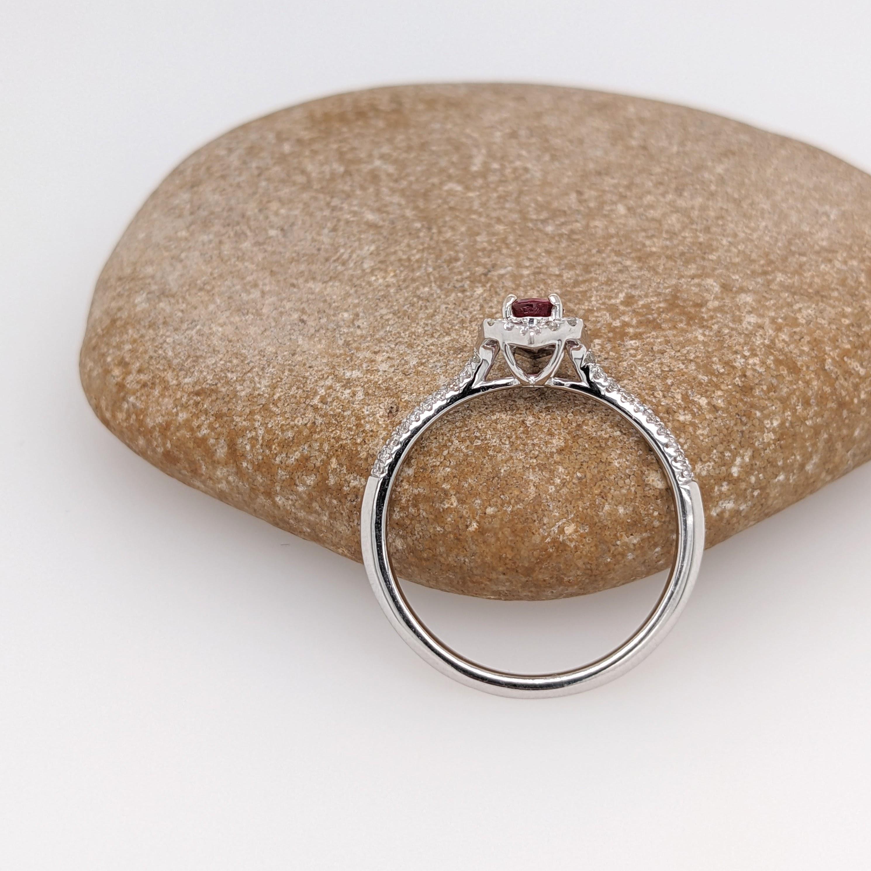 Vintage Inspired Ruby Ring w Diamond Halo in 14K White Gold Oval 5x3.5mm 1