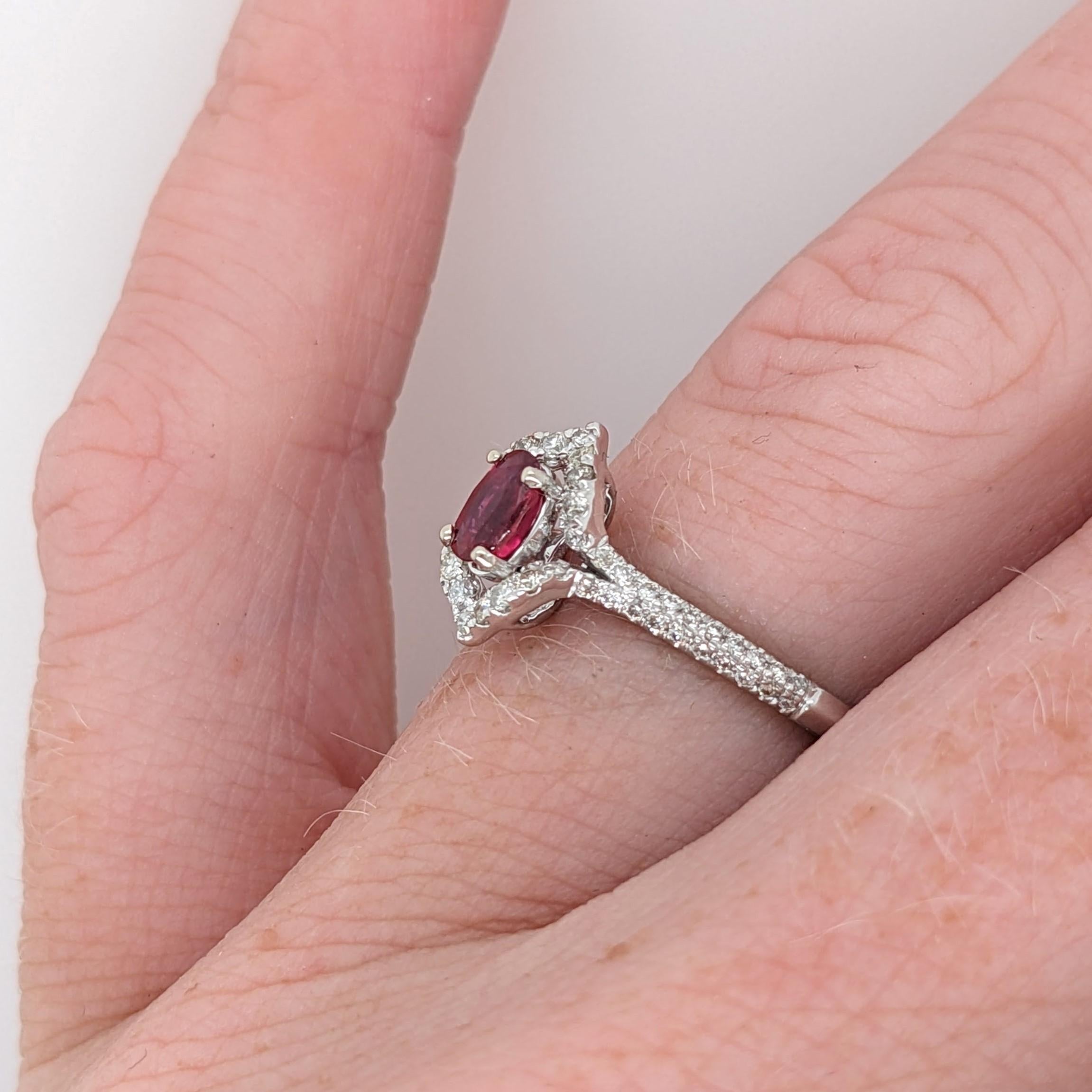 Vintage Inspired Ruby Ring w Diamond Halo in 14K White Gold Oval 5x3.5mm 3