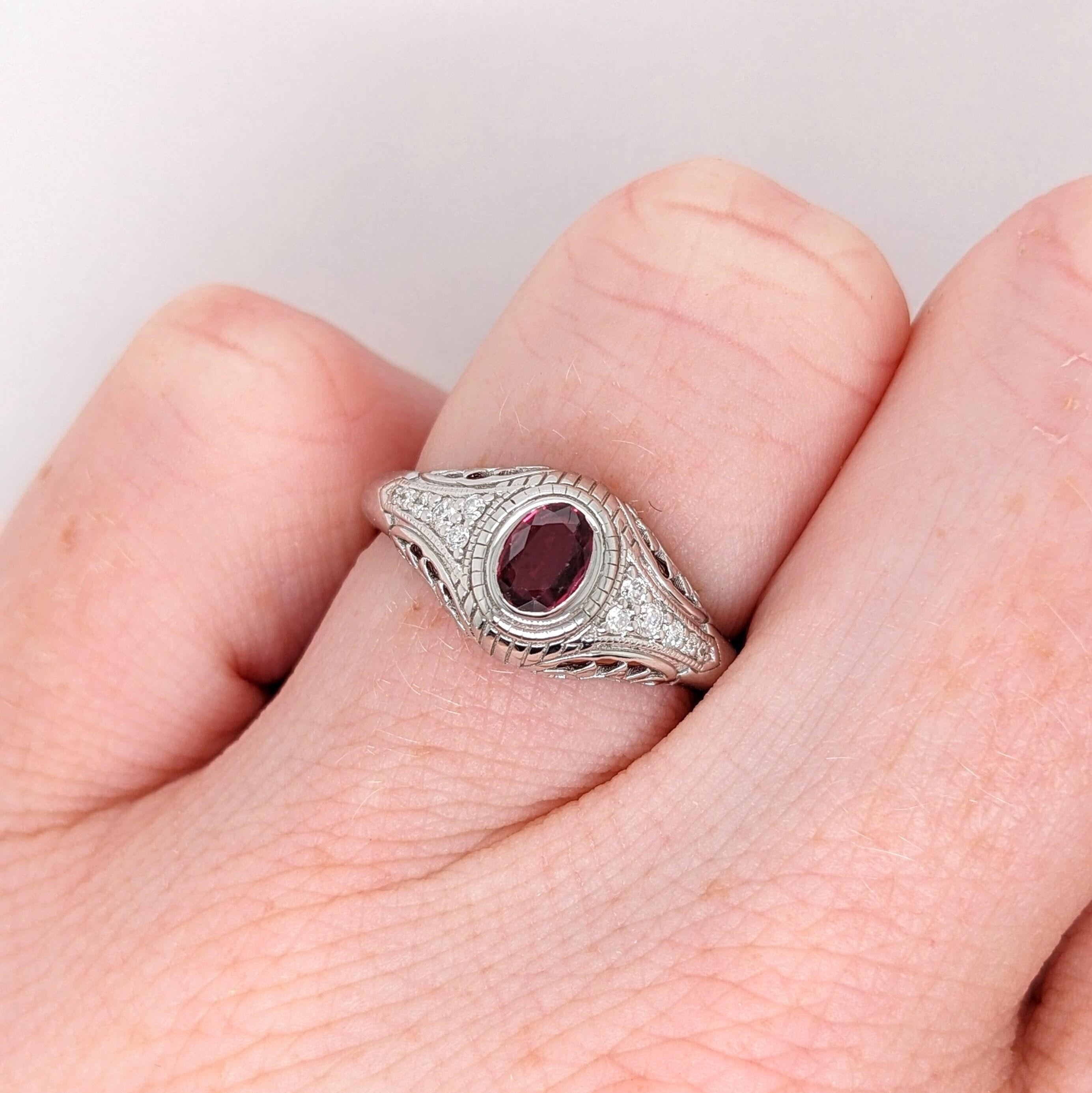 Women's Vintage Inspired Ruby Ring w Earth Mined Diamonds in Solid 14K White Gold OV 5x4 For Sale