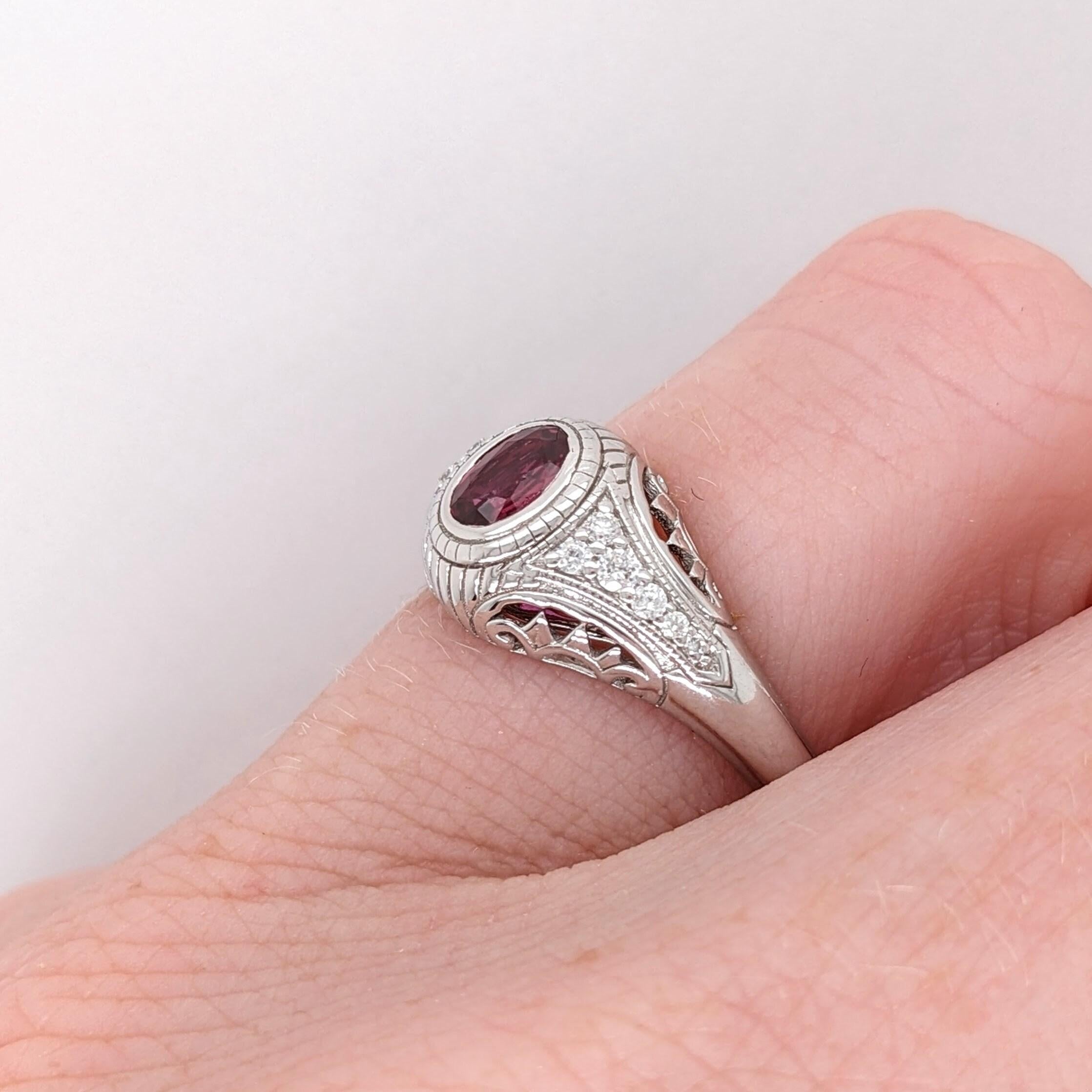Vintage Inspired Ruby Ring w Earth Mined Diamonds in Solid 14K White Gold OV 5x4 For Sale 1