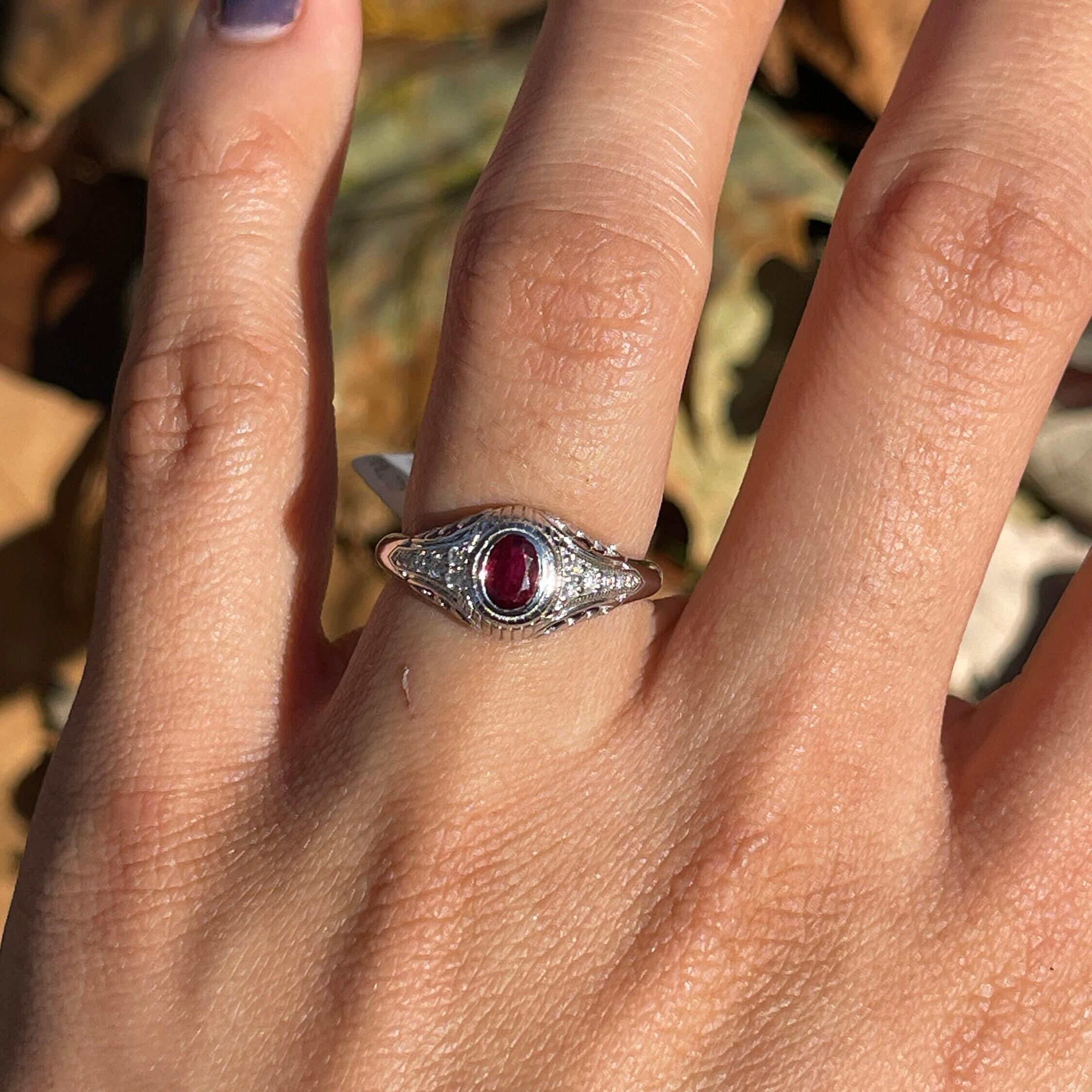Vintage Inspired Ruby Ring w Earth Mined Diamonds in Solid 14K White Gold OV 5x4 For Sale 2