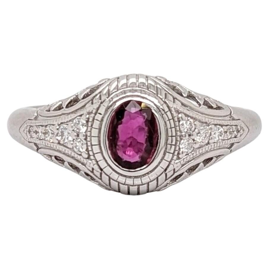 Vintage Inspired Ruby Ring w Earth Mined Diamonds in Solid 14K White Gold OV 5x4 For Sale