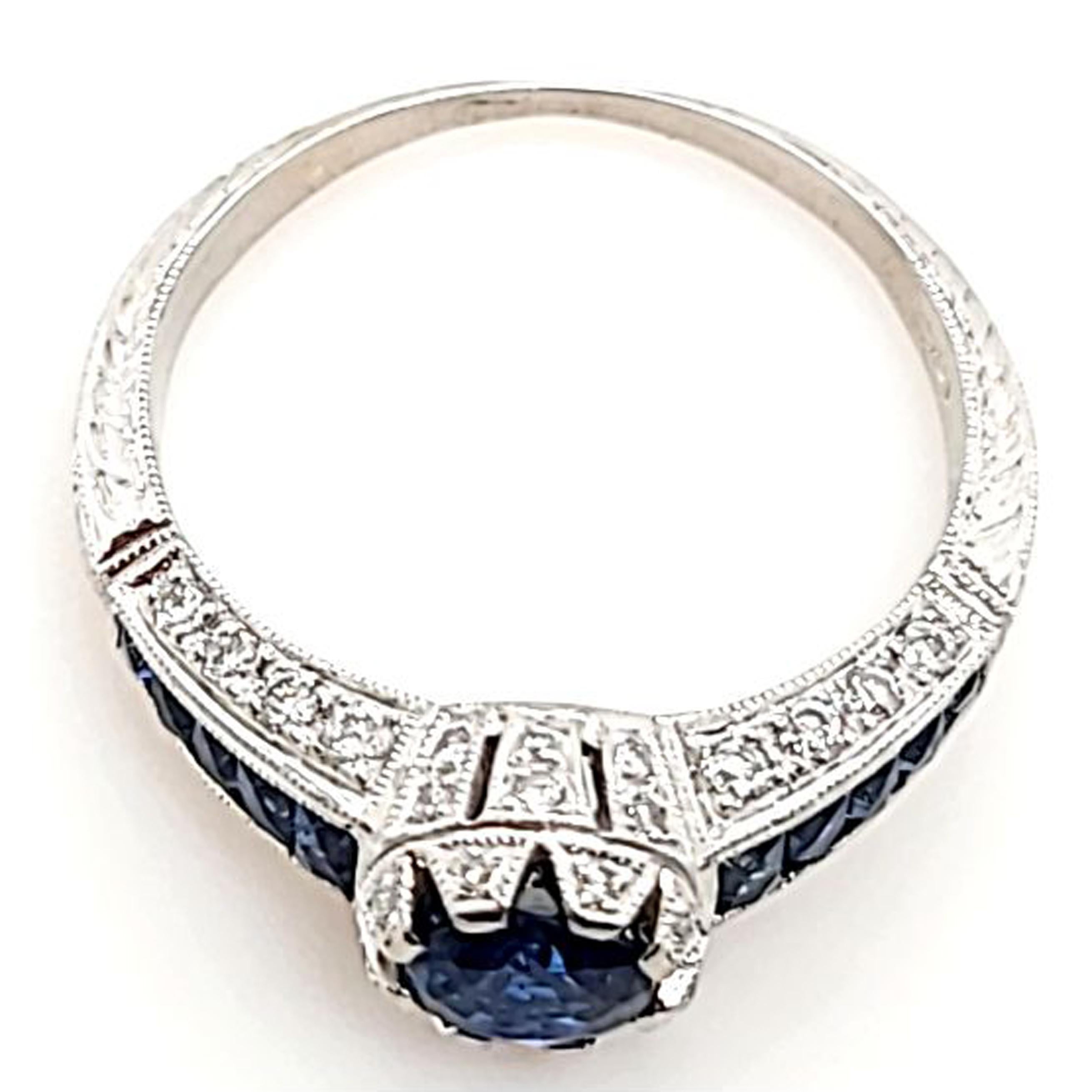 Round Cut Vintage Inspired Sapphire and Diamond Ring For Sale