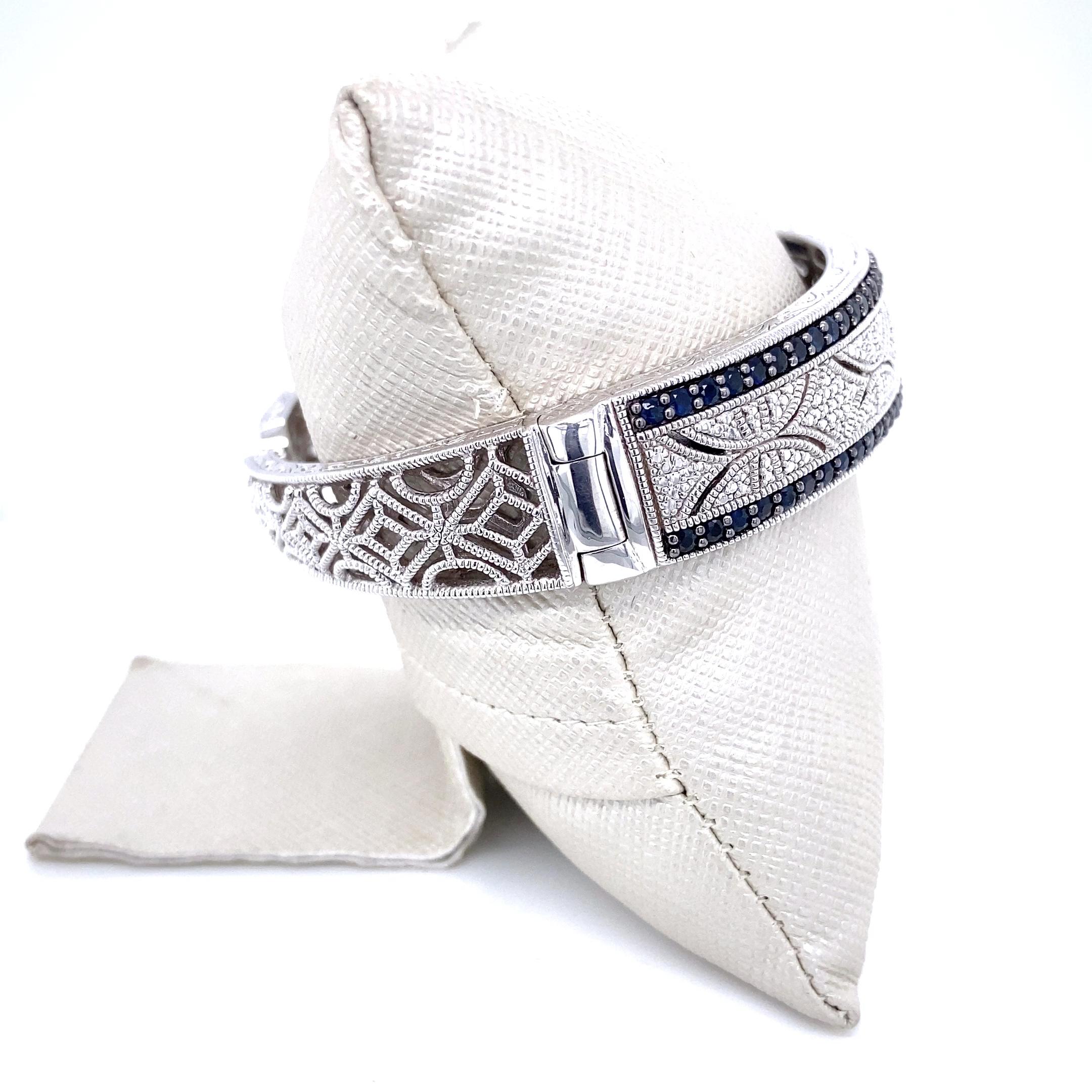 Art Deco Vintage Inspired Sapphire and Diamond Sterling Silver Bangle Bracelet For Sale