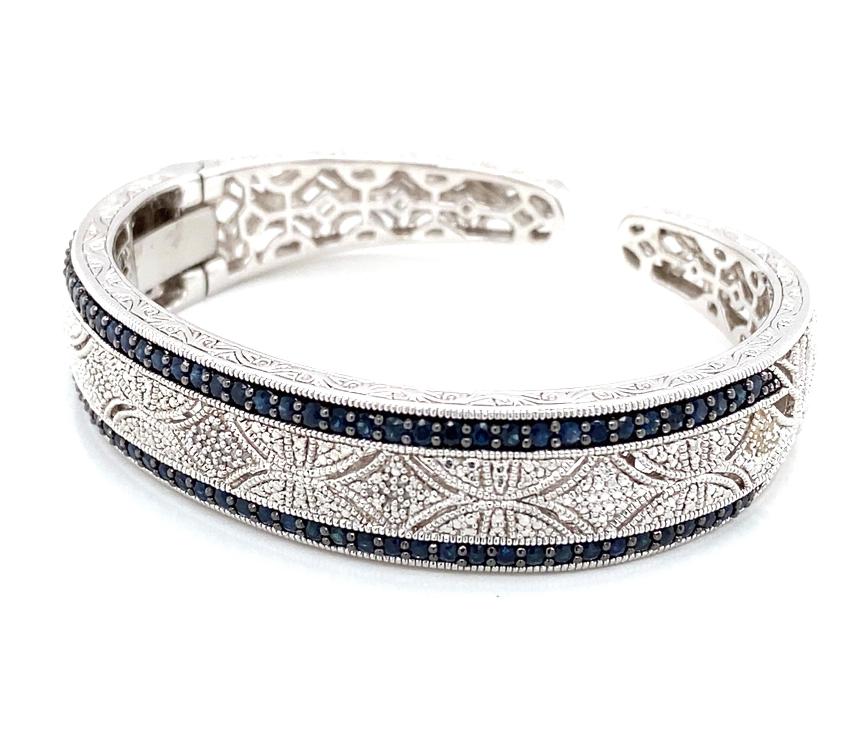 Round Cut Vintage Inspired Sapphire and Diamond Sterling Silver Bangle Bracelet For Sale