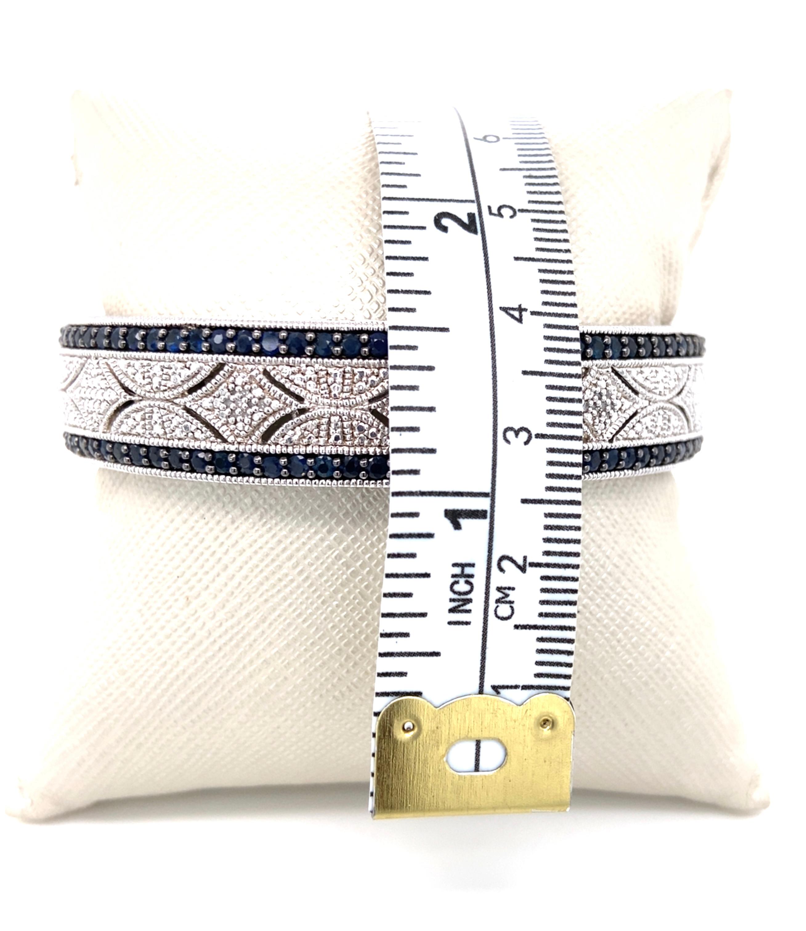 Vintage Inspired Sapphire and Diamond Sterling Silver Bangle Bracelet In Good Condition For Sale In Towson, MD