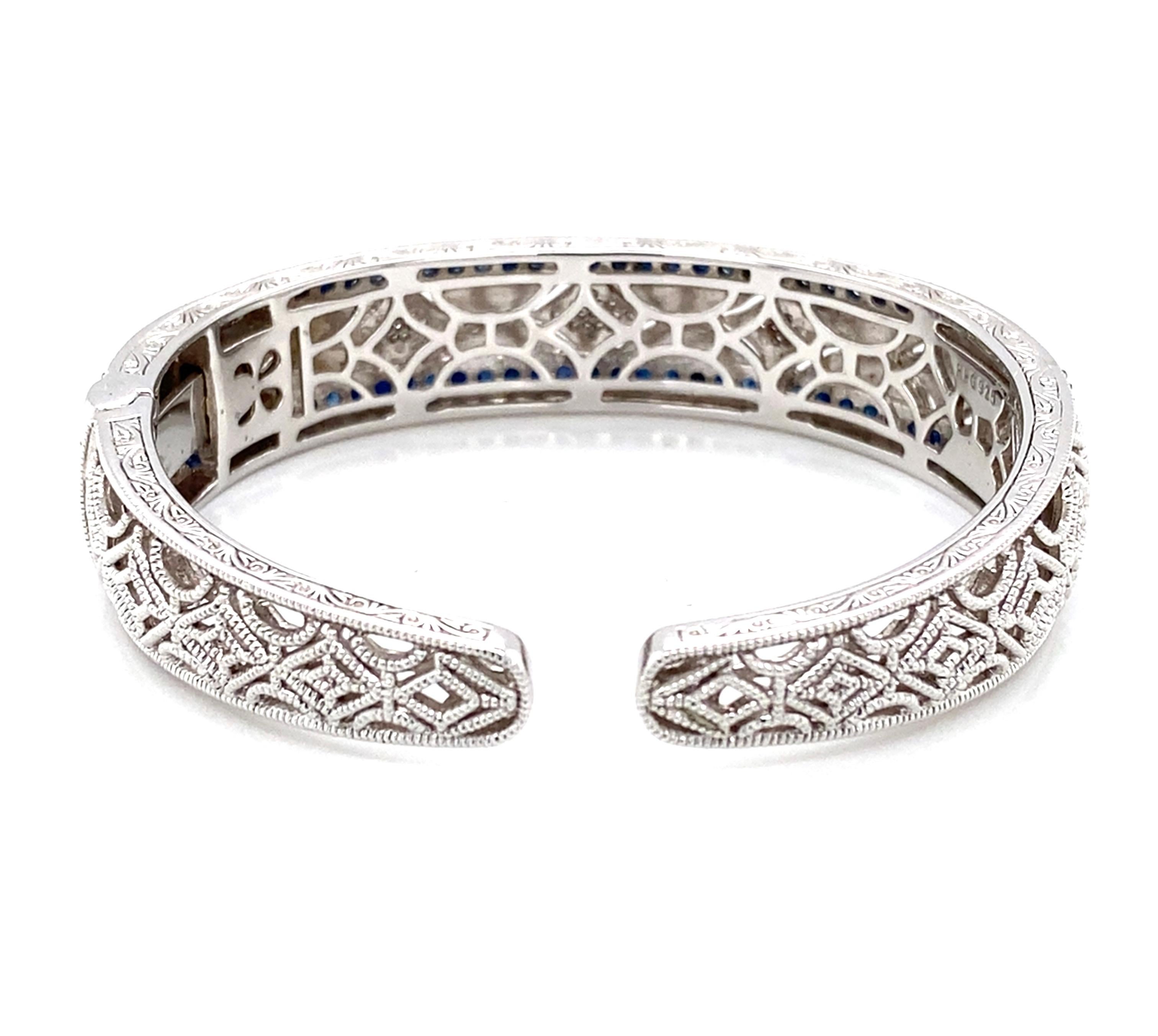 Vintage Inspired Sapphire and Diamond Sterling Silver Bangle Bracelet For Sale 1