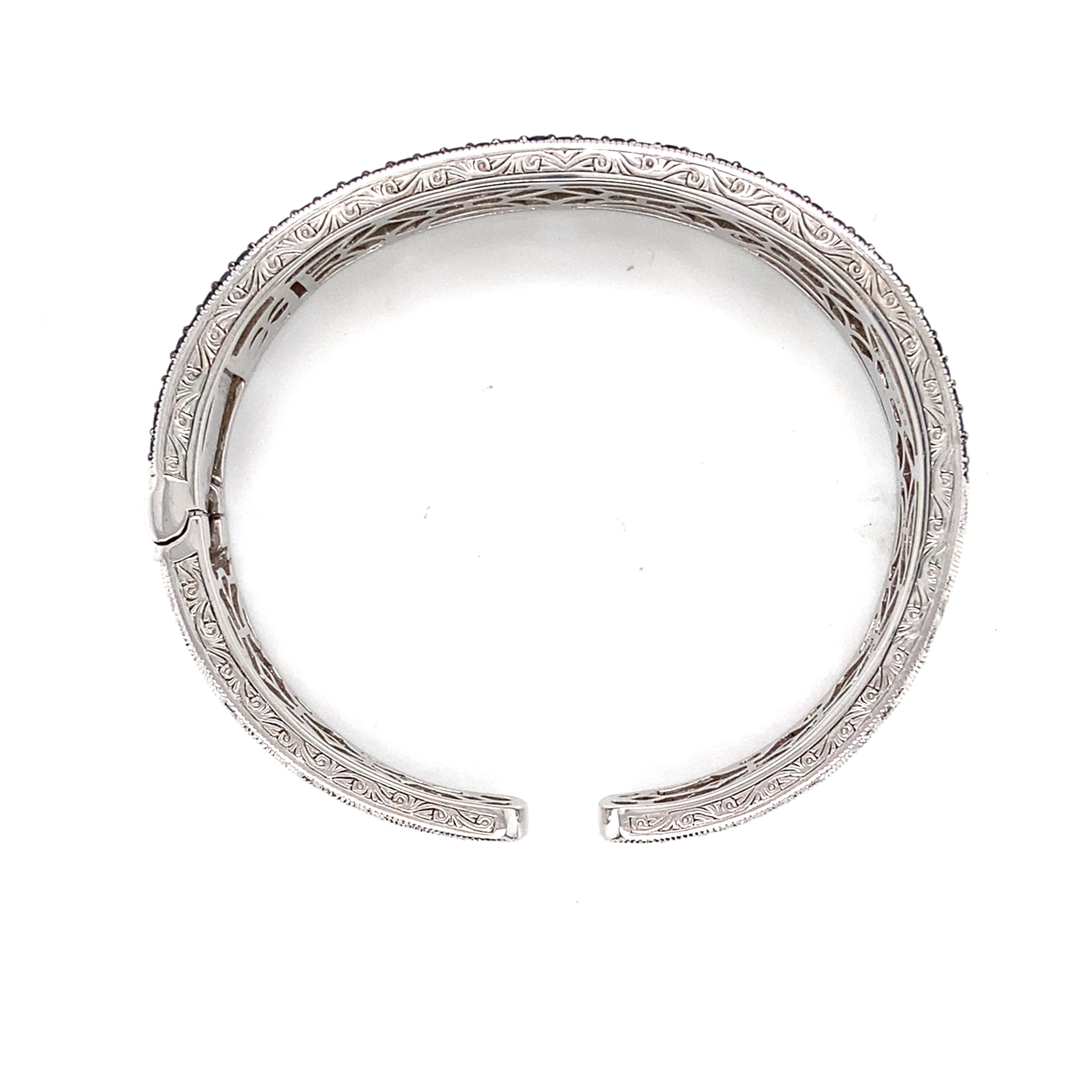 Vintage Inspired Sapphire and Diamond Sterling Silver Bangle Bracelet For Sale 2