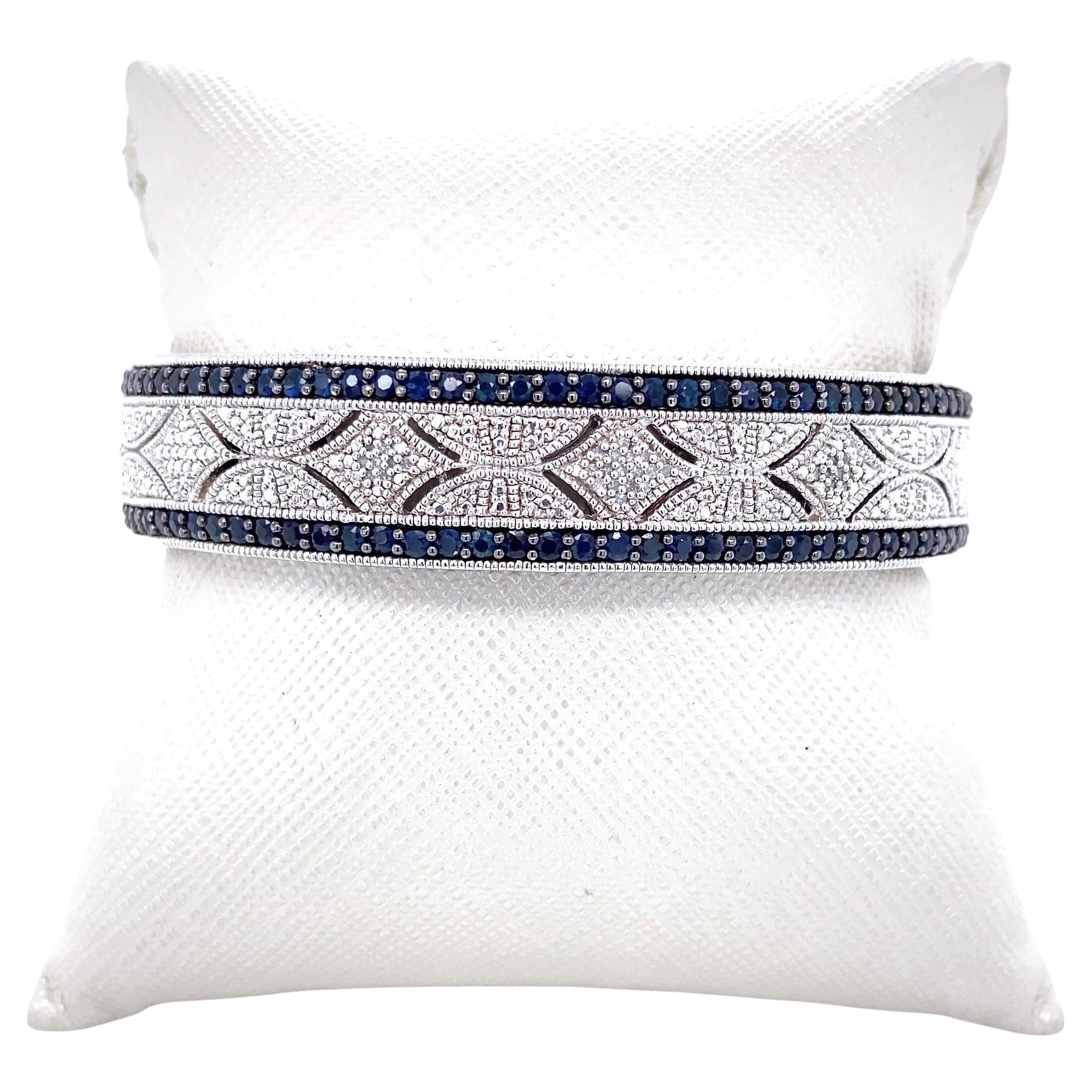 Vintage Inspired Sapphire and Diamond Sterling Silver Bangle Bracelet For Sale