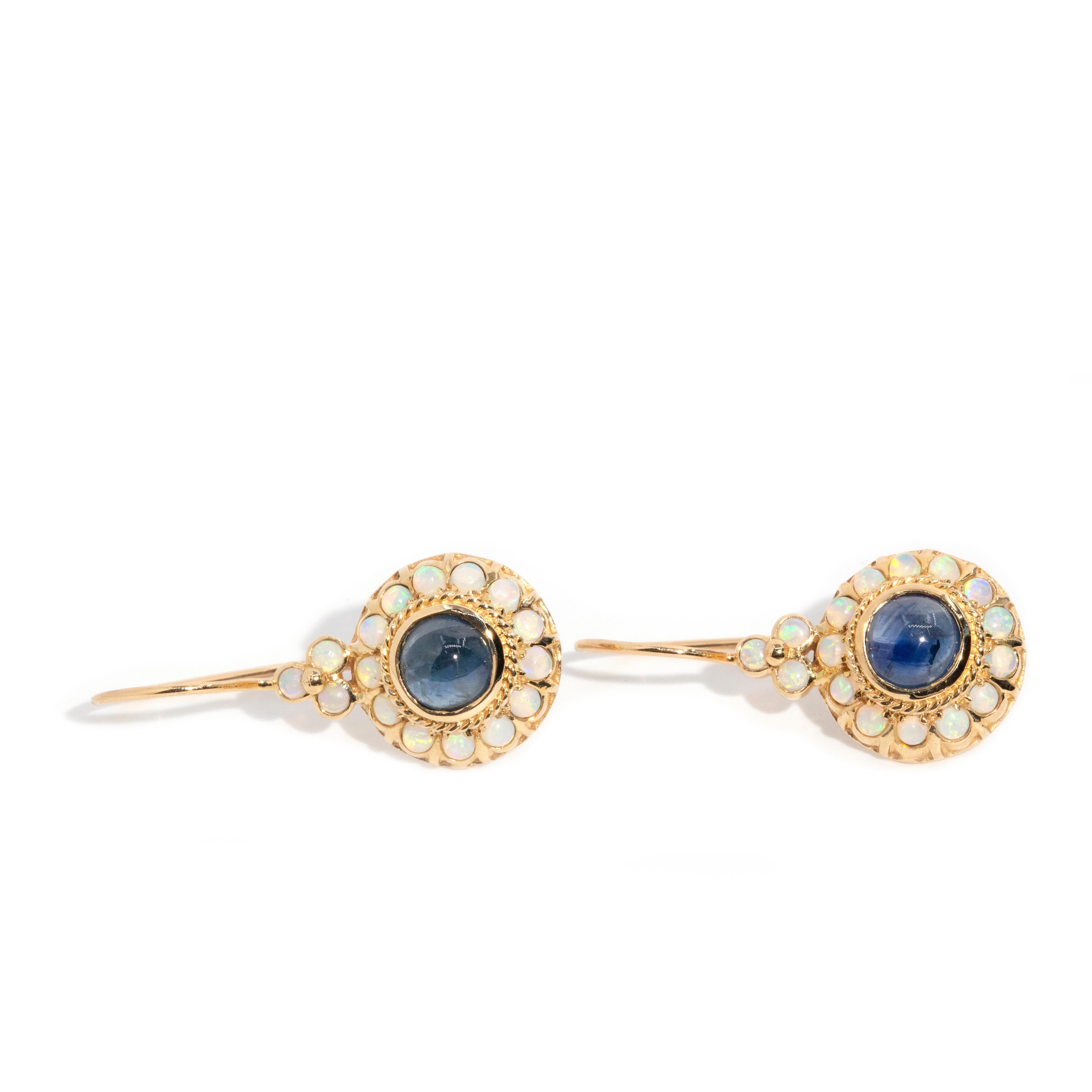 Round Cut Vintage Inspired Sapphire Cabochon & Opal Drop Earrings 9 Carat Yellow Gold
