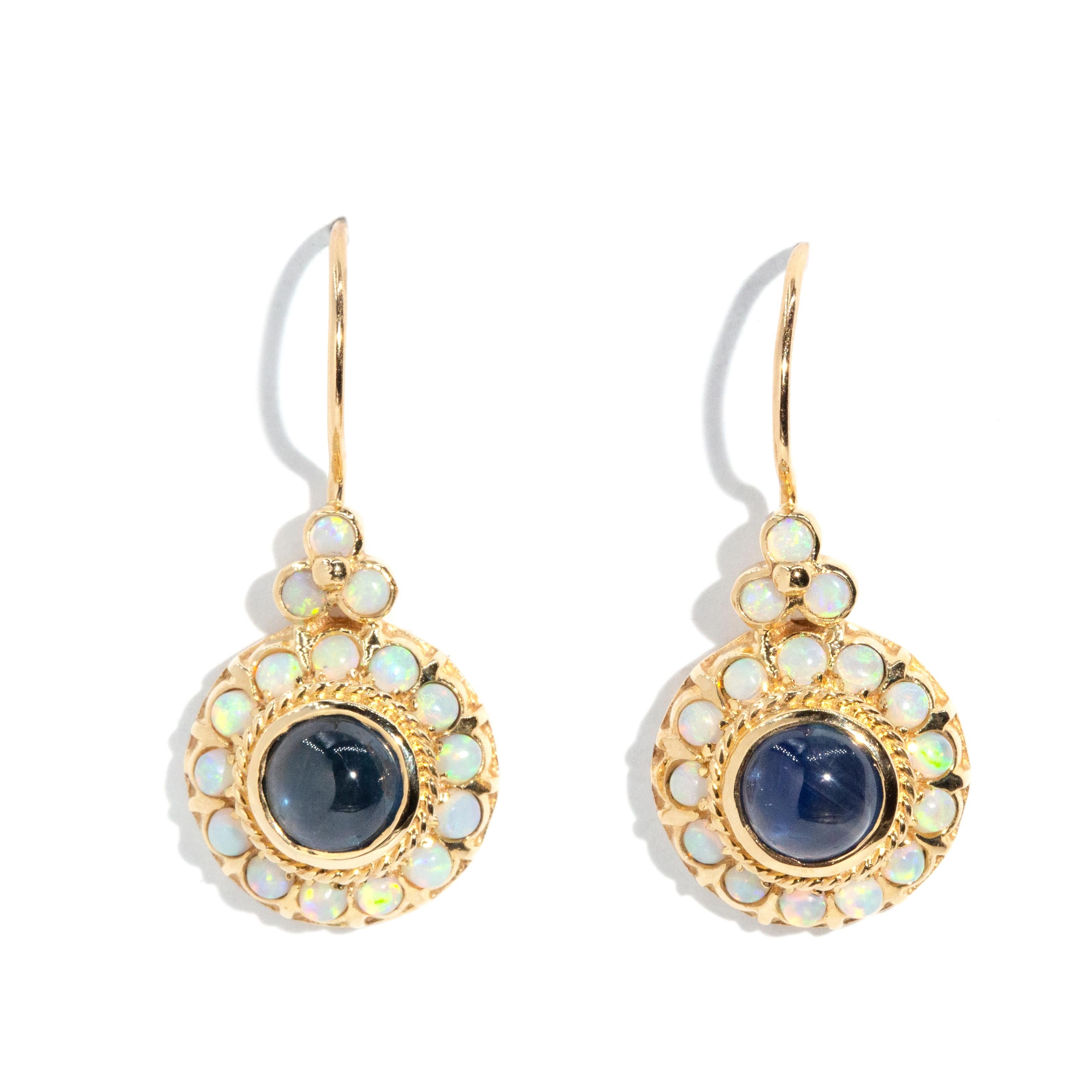 Vintage Inspired Sapphire Cabochon & Opal Drop Earrings 9 Carat Yellow Gold 2