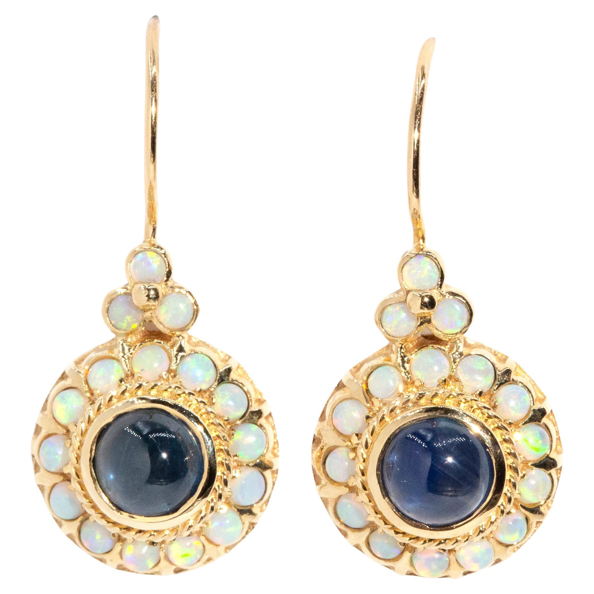 Vintage Inspired Sapphire Cabochon & Opal Drop Earrings 9 Carat Yellow Gold