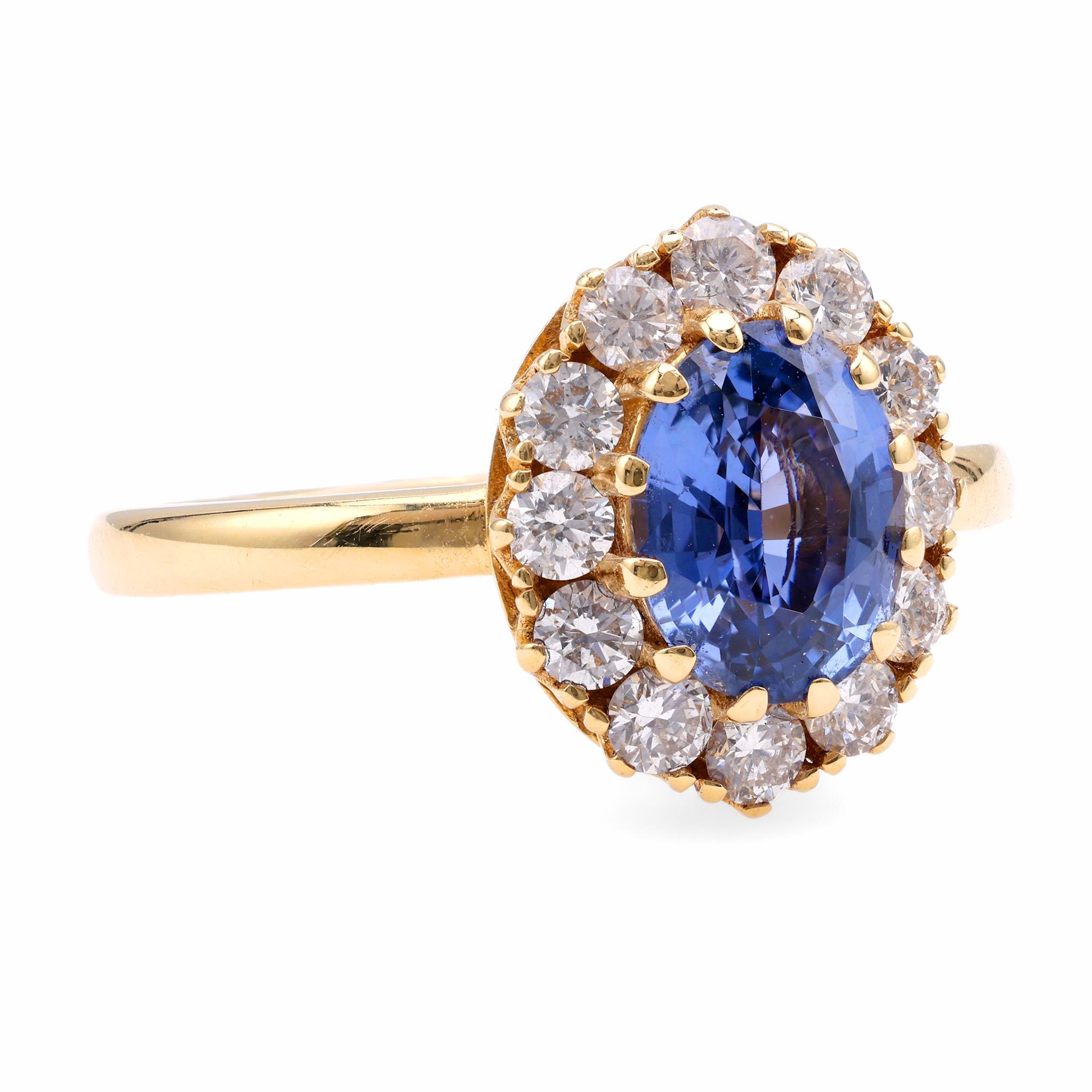 Oval Cut Vintage Inspired Sapphire Diamond 18K Yellow Gold Cluster Ring For Sale