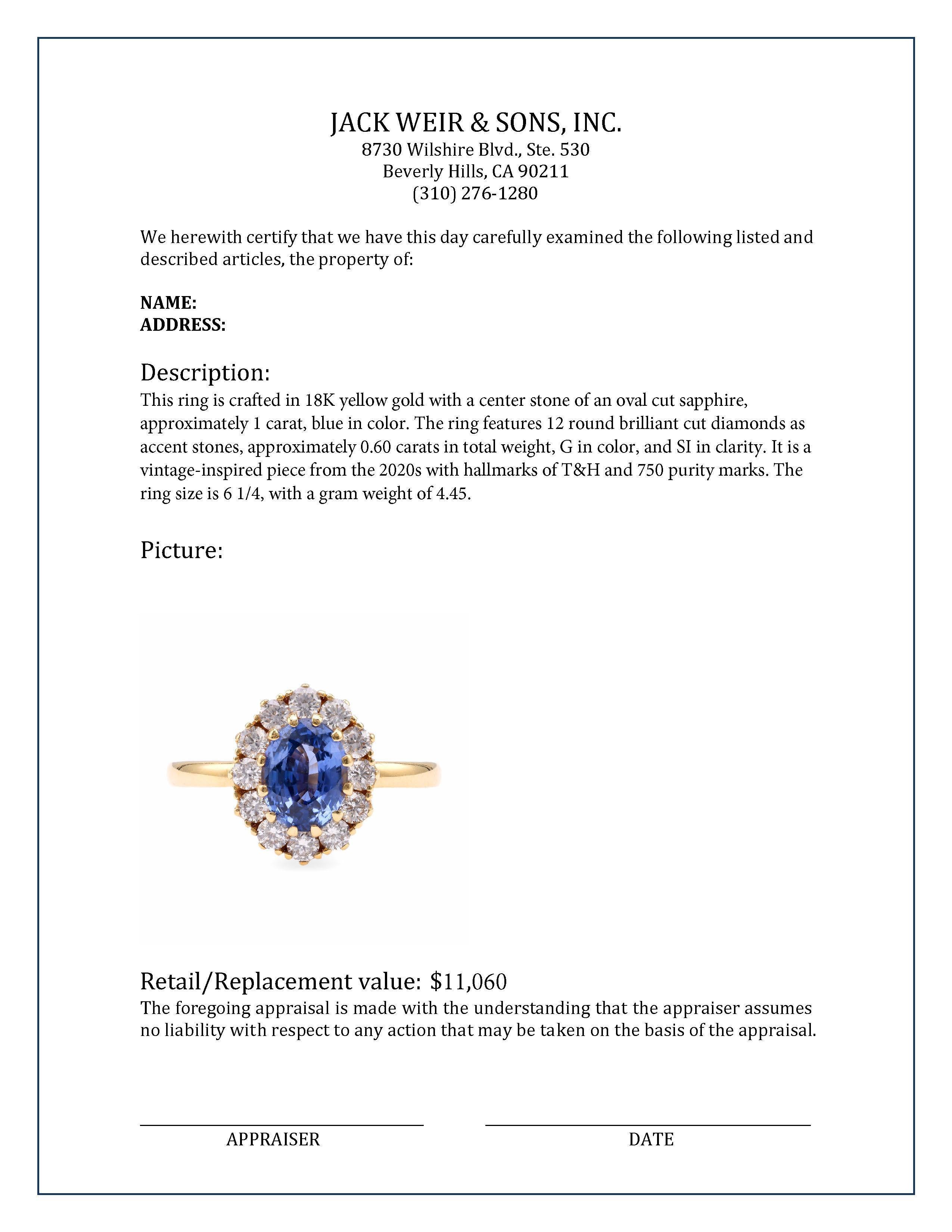 Vintage Inspired Sapphire Diamond 18K Yellow Gold Cluster Ring In Excellent Condition For Sale In Beverly Hills, CA