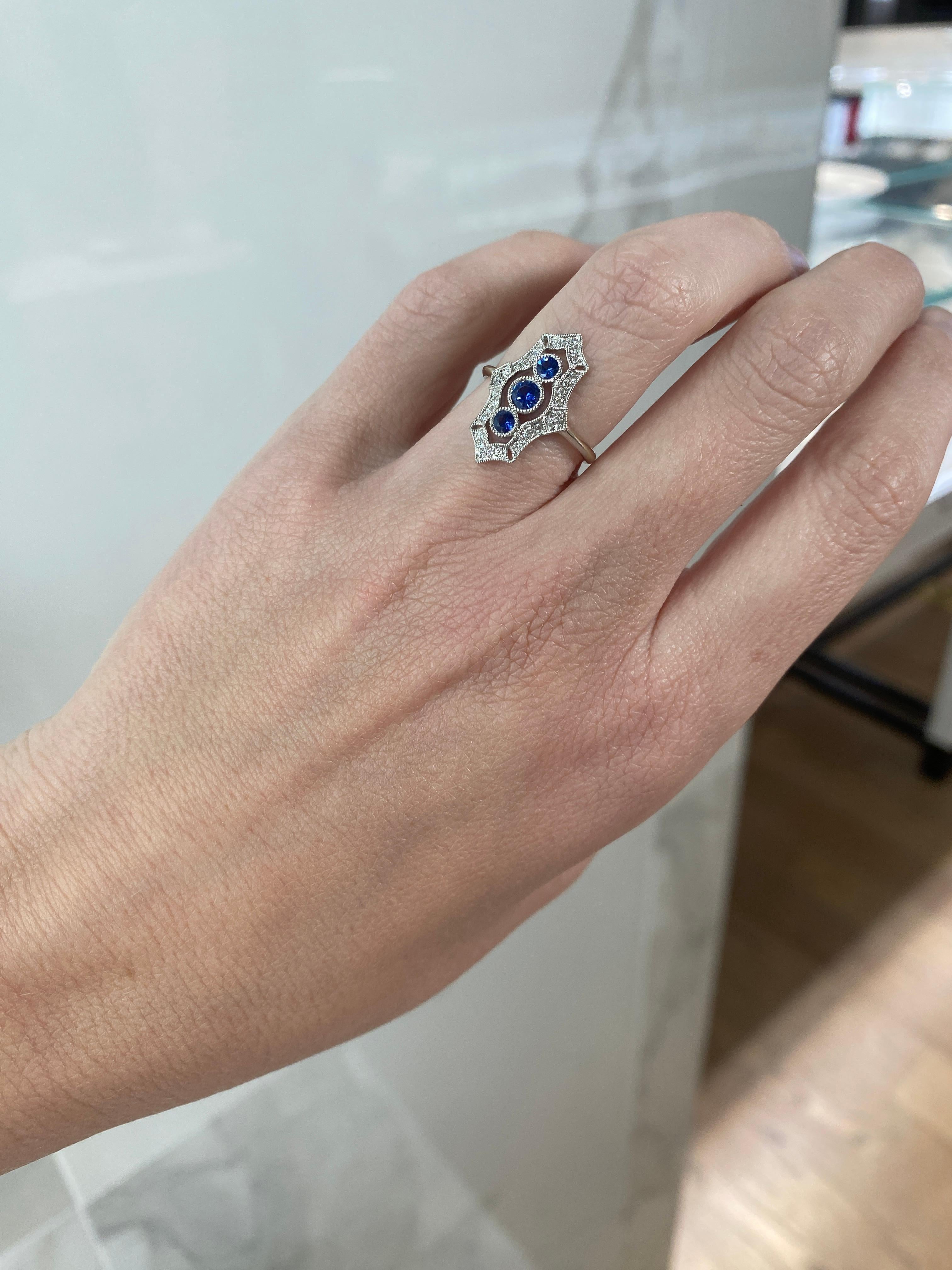 Vintage Inspired Sapphire and Diamond Navette Ring 6