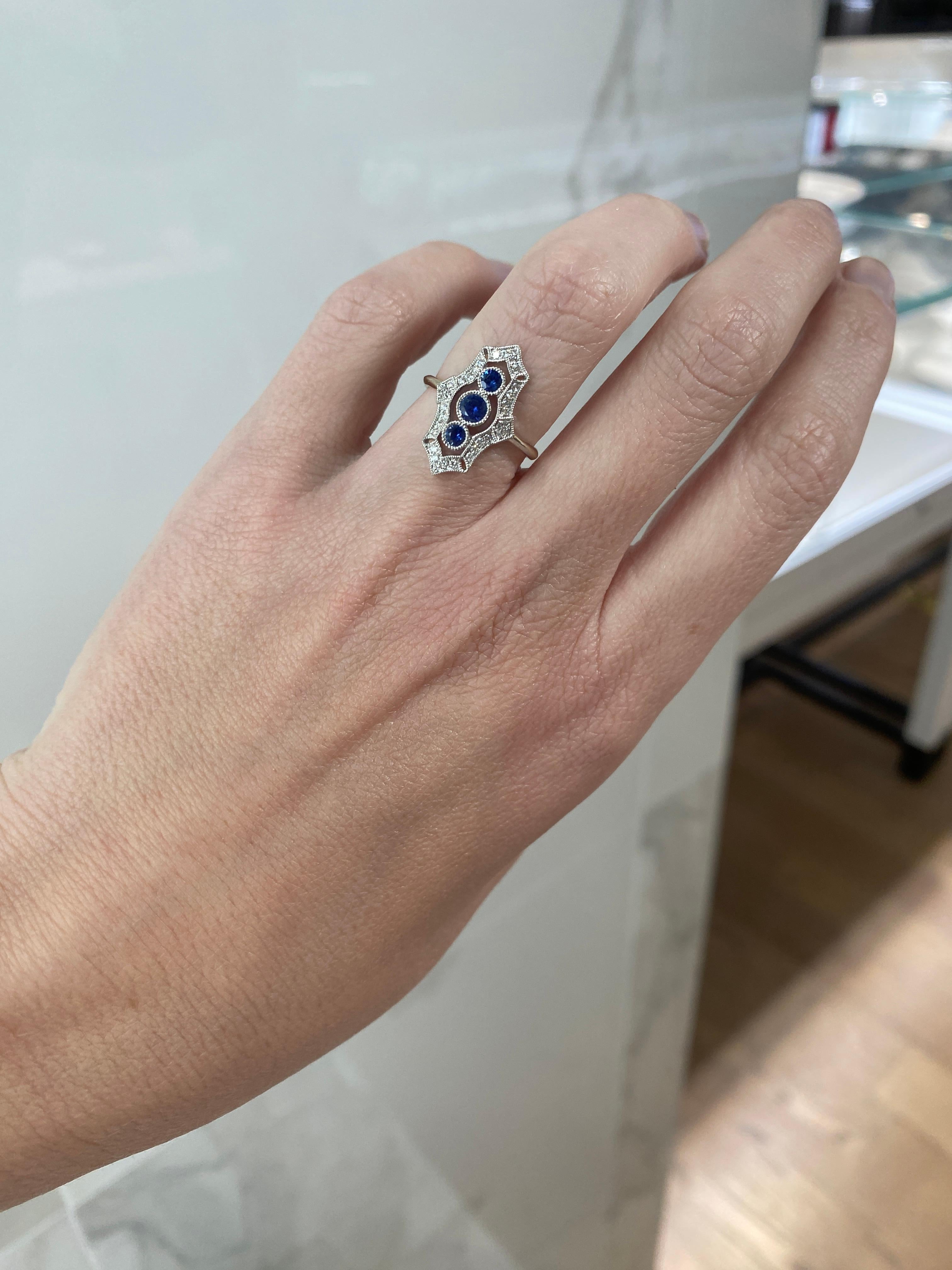 Vintage Inspired Sapphire and Diamond Navette Ring 7