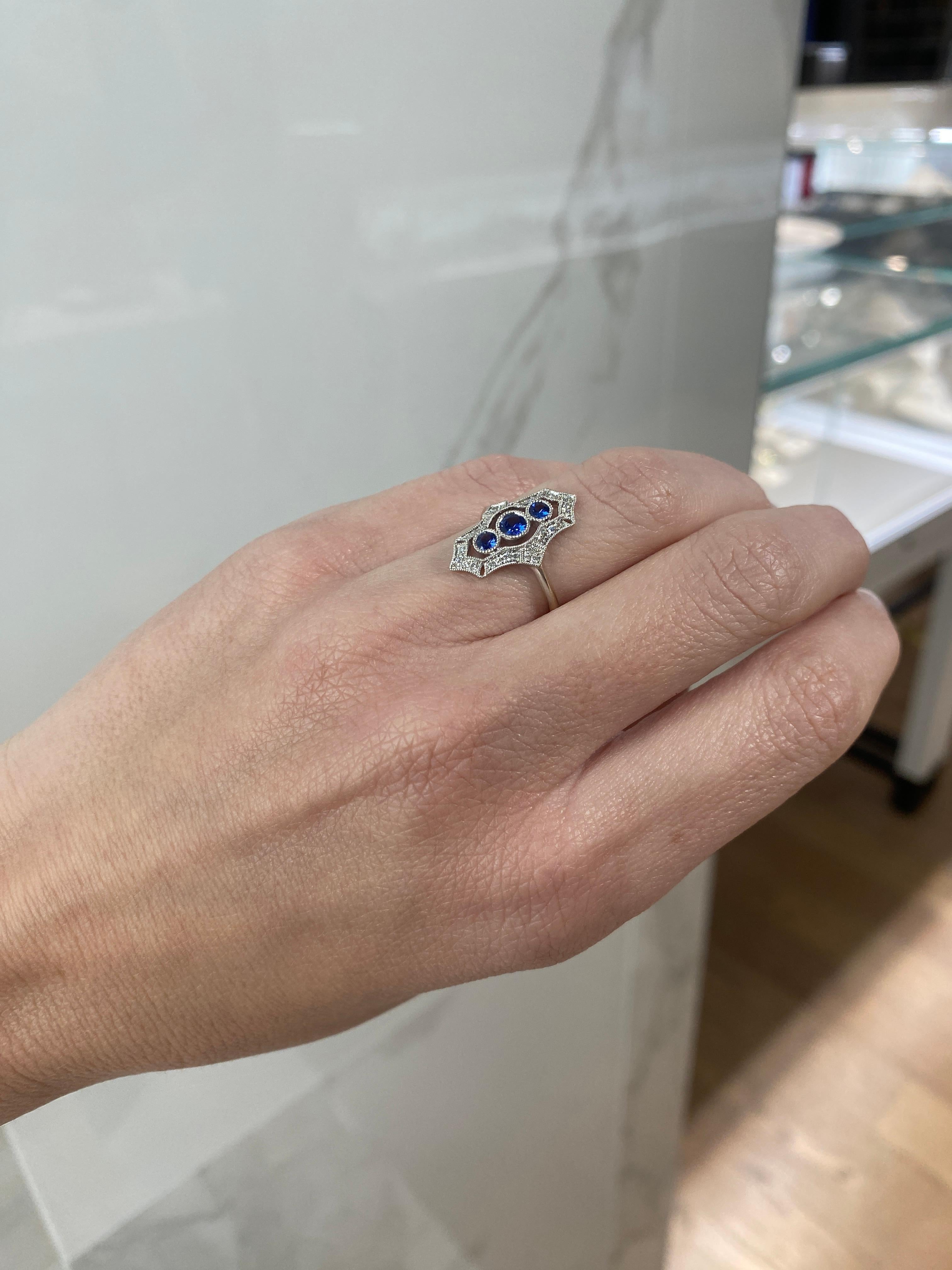 Vintage Inspired Sapphire and Diamond Navette Ring 9