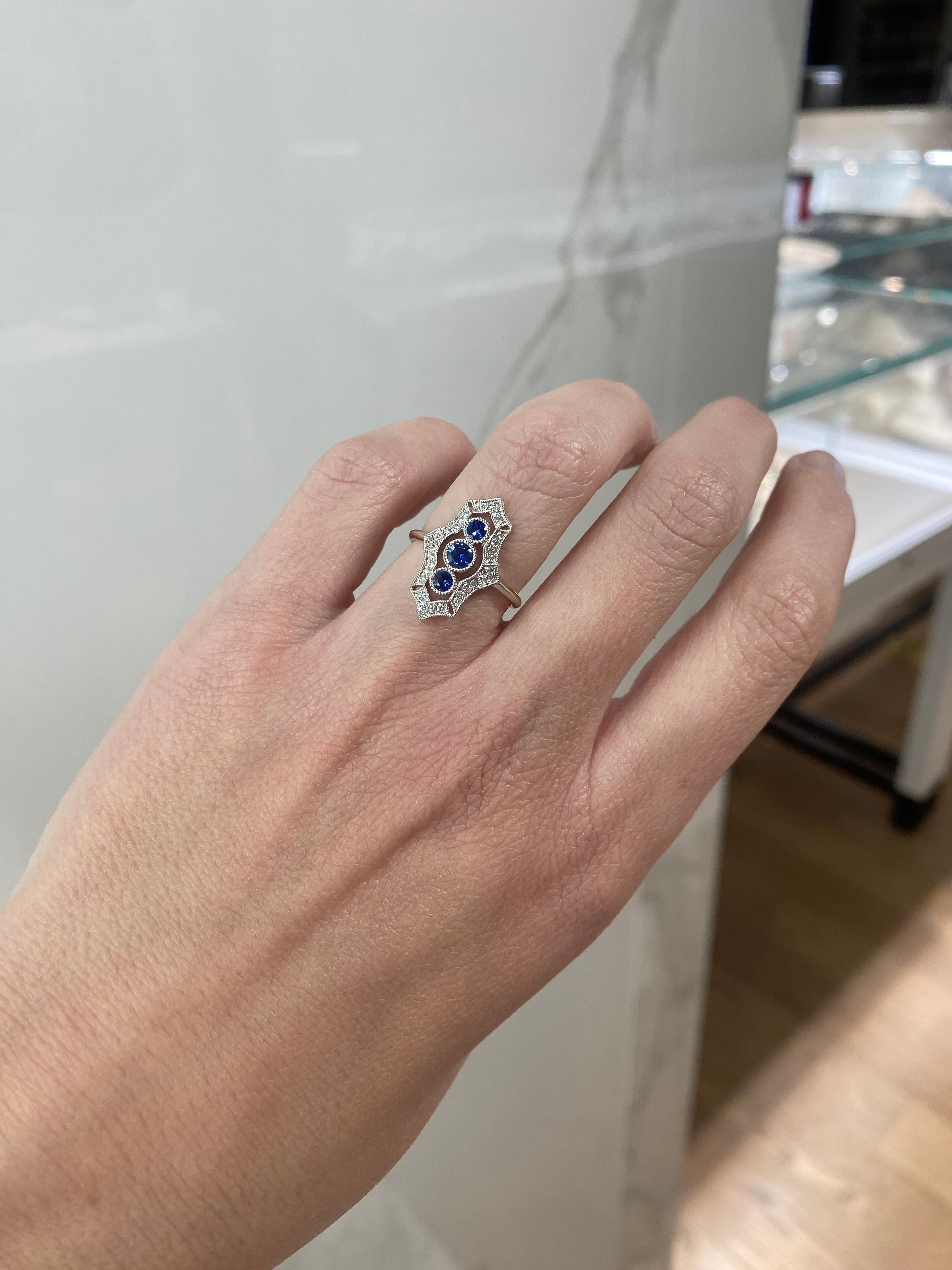 Vintage Inspired Sapphire and Diamond Navette Ring 11