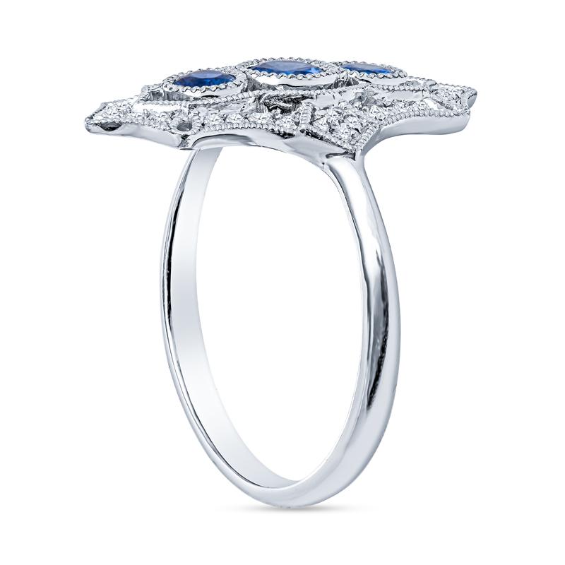 Round Cut Vintage Inspired Sapphire and Diamond Navette Ring