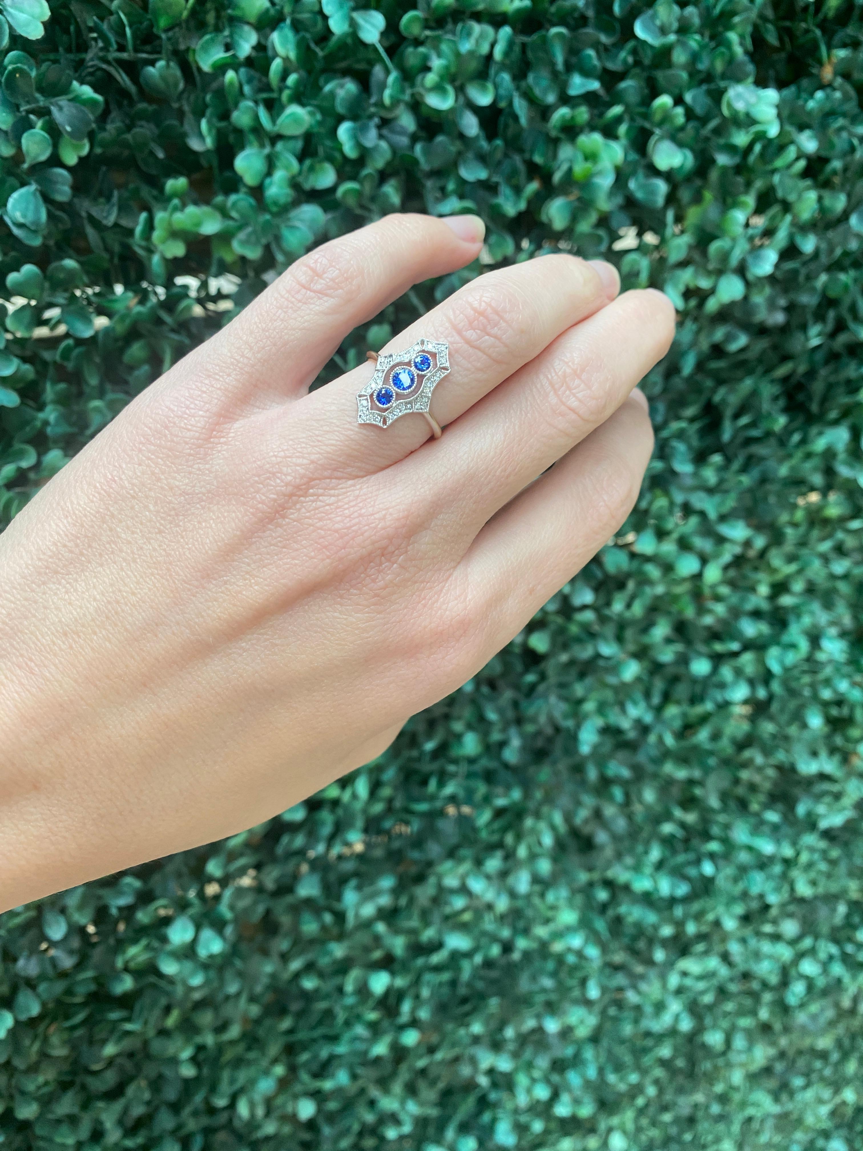 Women's or Men's Vintage Inspired Sapphire and Diamond Navette Ring