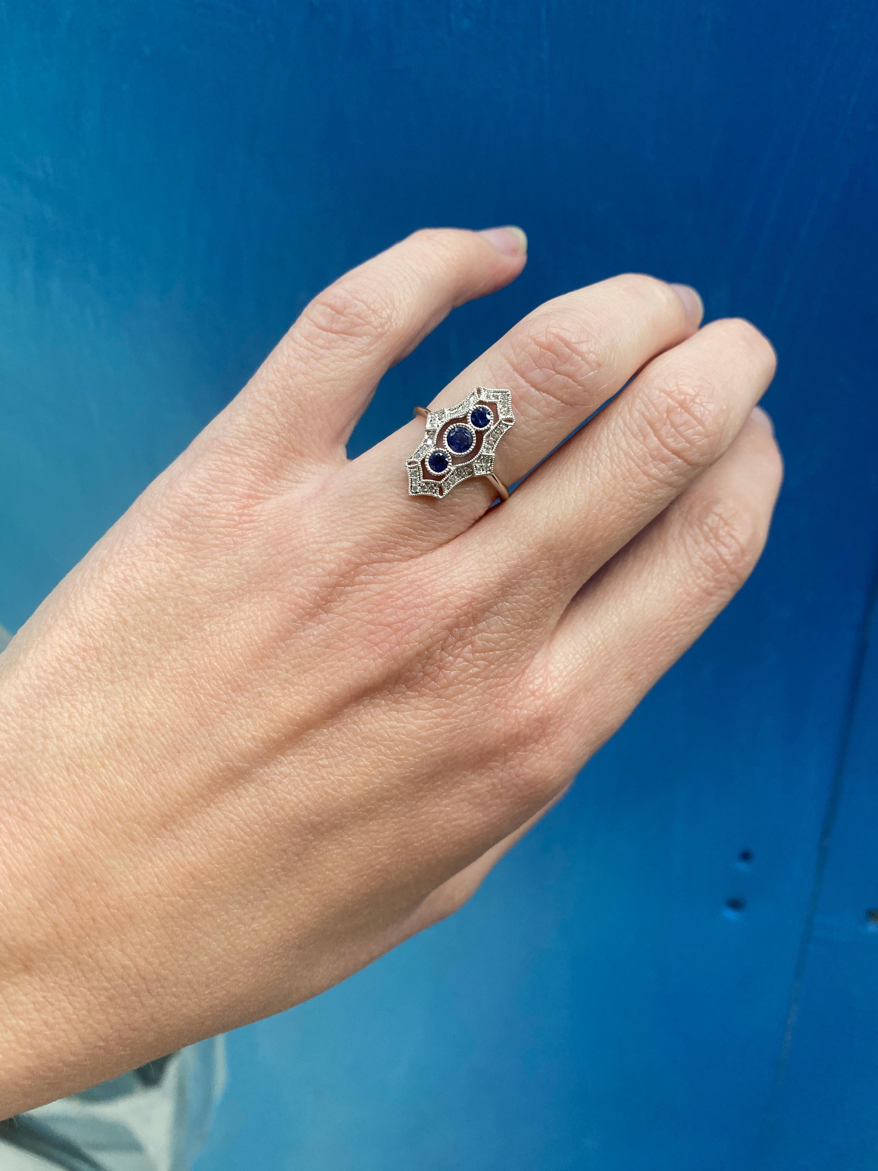 Vintage Inspired Sapphire and Diamond Navette Ring 1