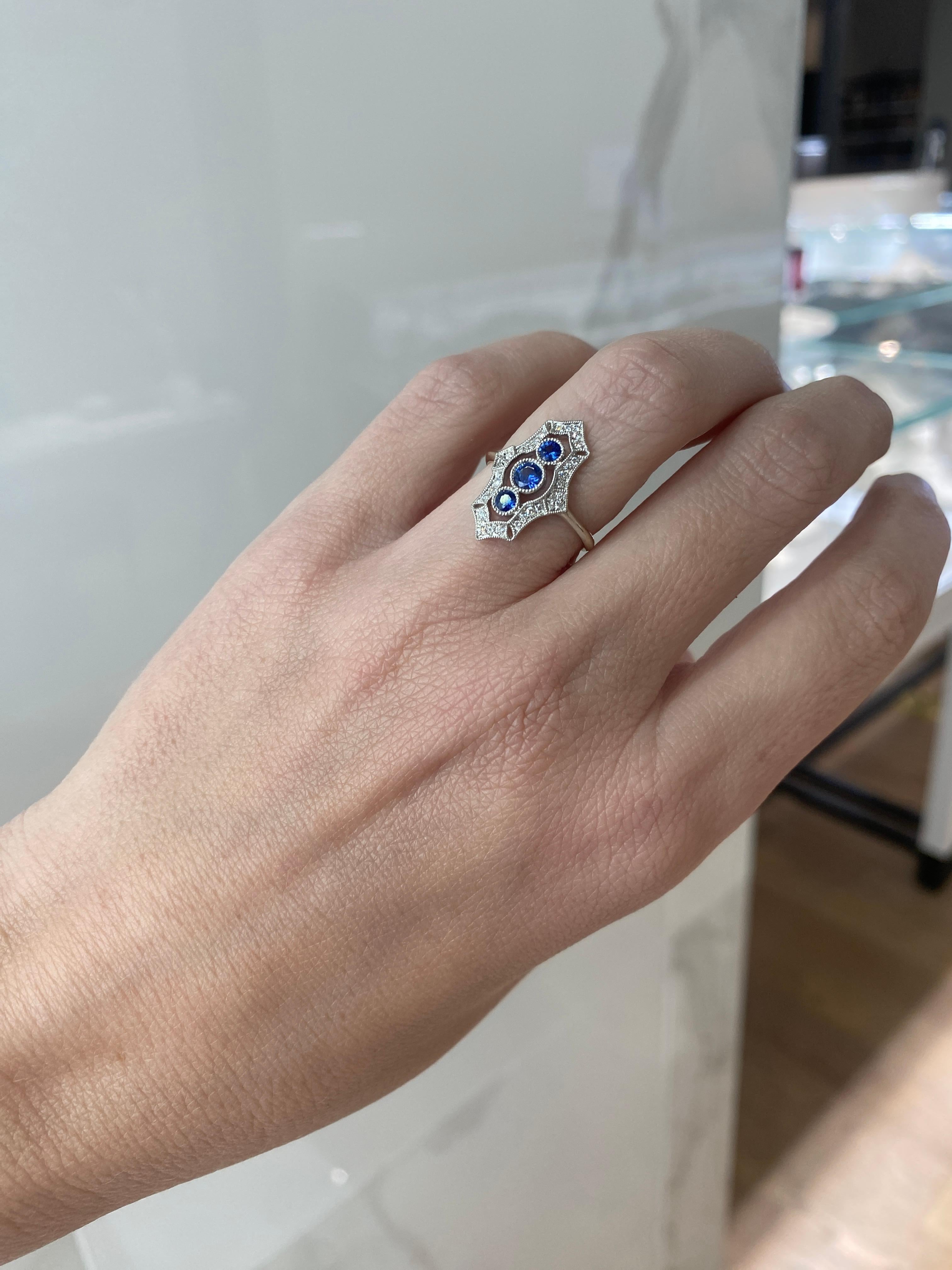 Vintage Inspired Sapphire and Diamond Navette Ring 2