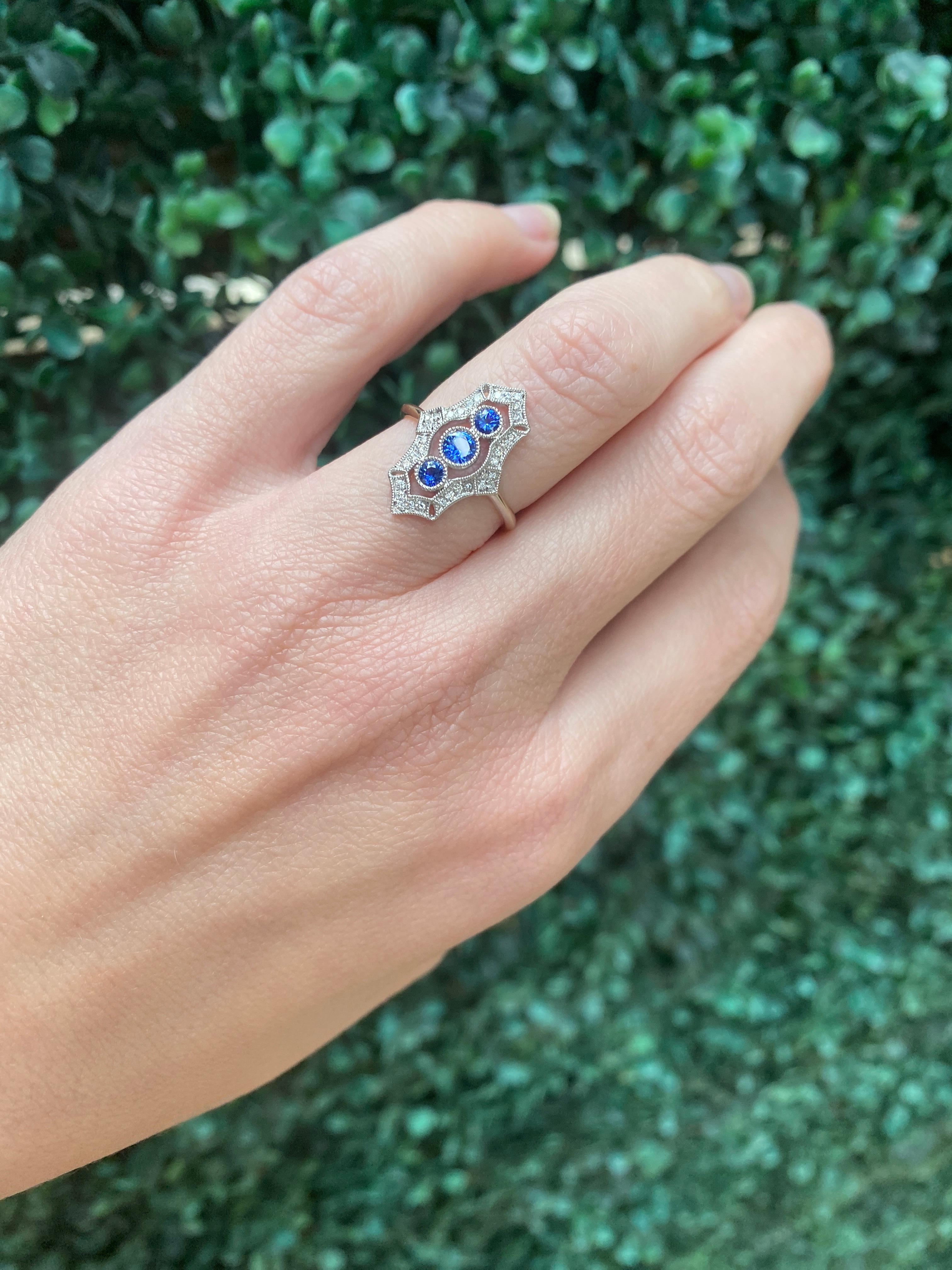 Vintage Inspired Sapphire and Diamond Navette Ring 3