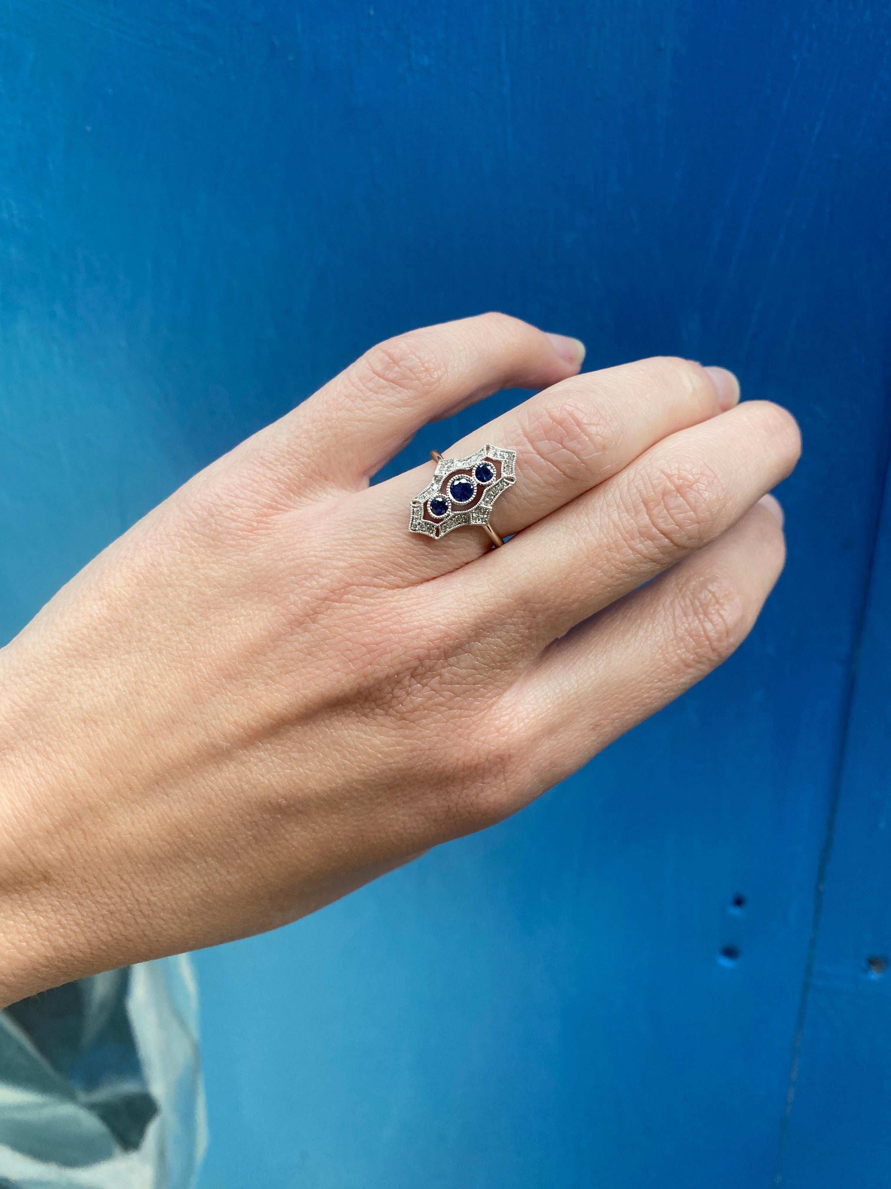 Vintage Inspired Sapphire and Diamond Navette Ring 4