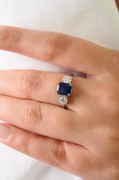 Vintage Inspired Sapphire & Diamond Three Stone Engagement Ring 14K White Gold