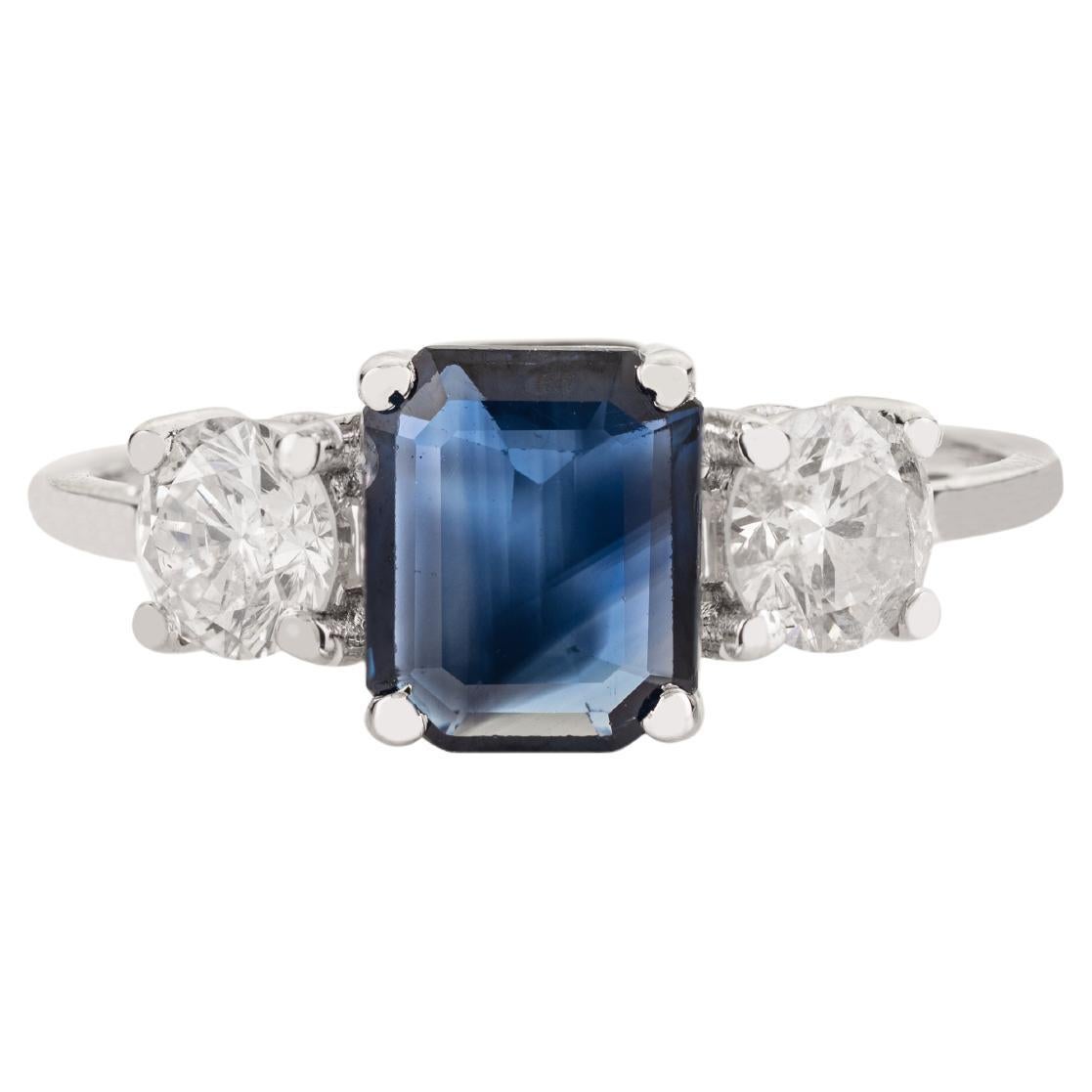Vintage Inspired Sapphire & Diamond Three Stone Engagement Ring 14K White Gold
