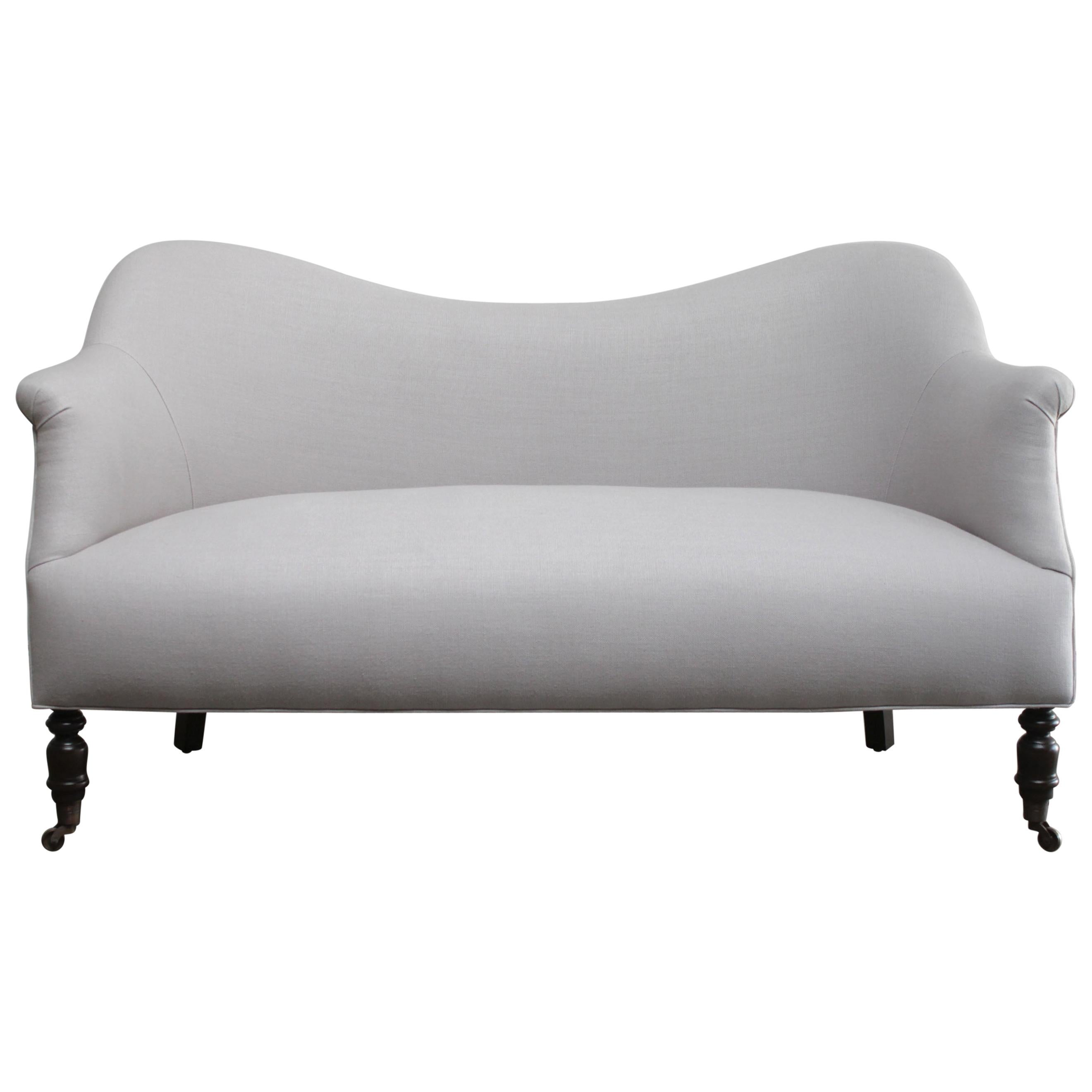 Vintage Inspired Silver Gray Linen Settee