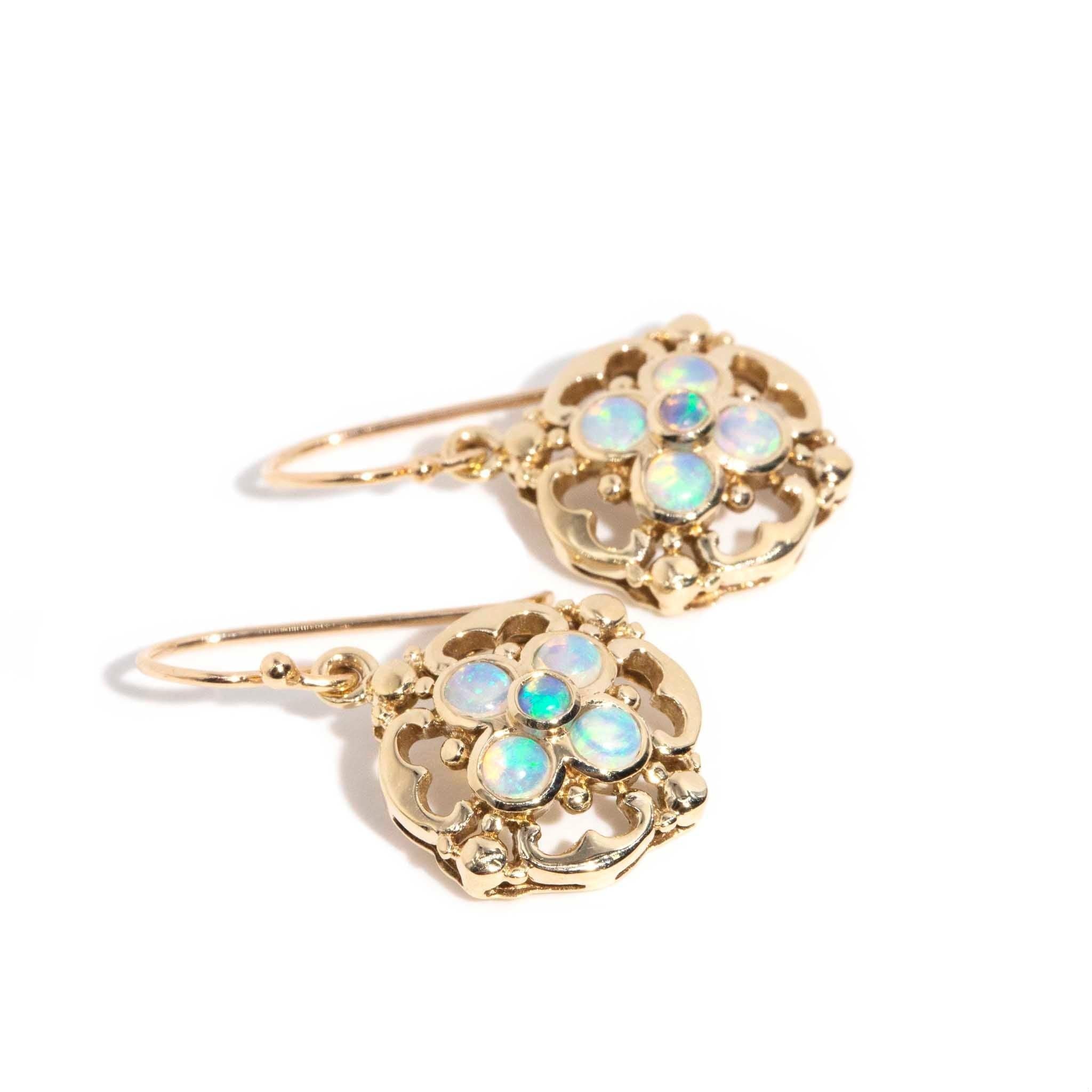Modern Vintage Inspired Solid Australian Opal Drop Style Earrings 9 Carat Gold