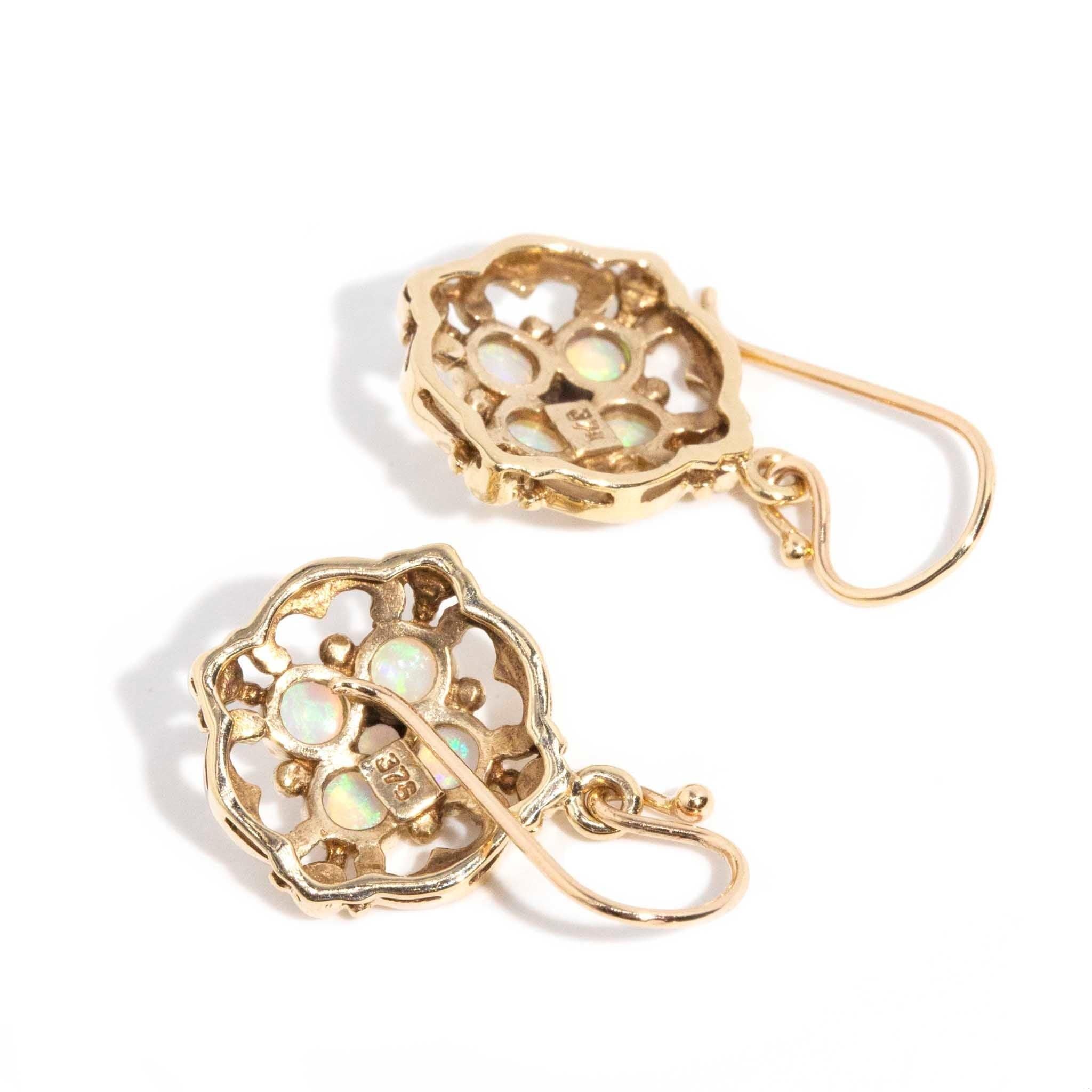 Women's Vintage Inspired Solid Australian Opal Drop Style Earrings 9 Carat Gold