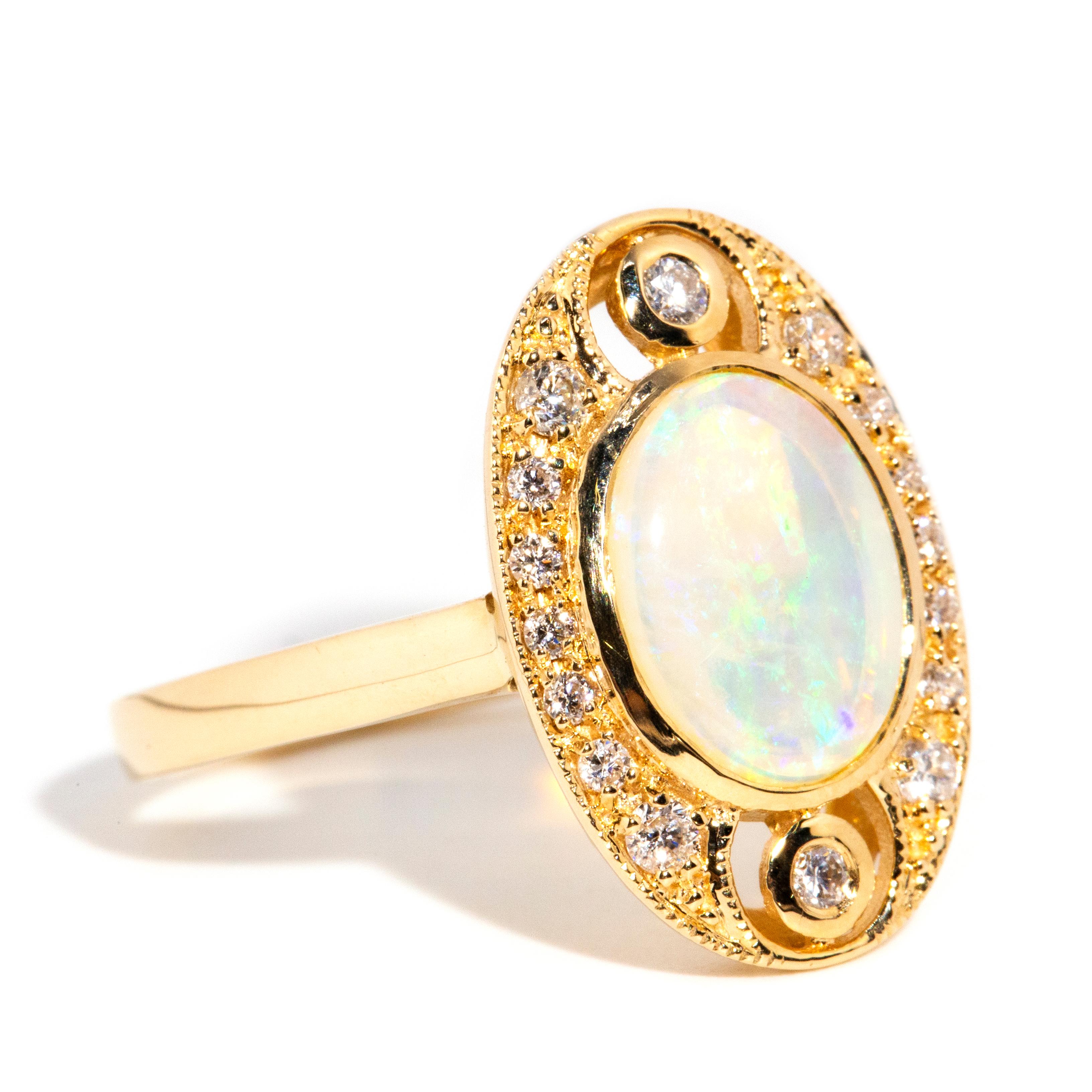 Contemporary Vintage Inspired Solid Australian Opal & Round Diamond Ring 9 Carat Yellow Gold For Sale