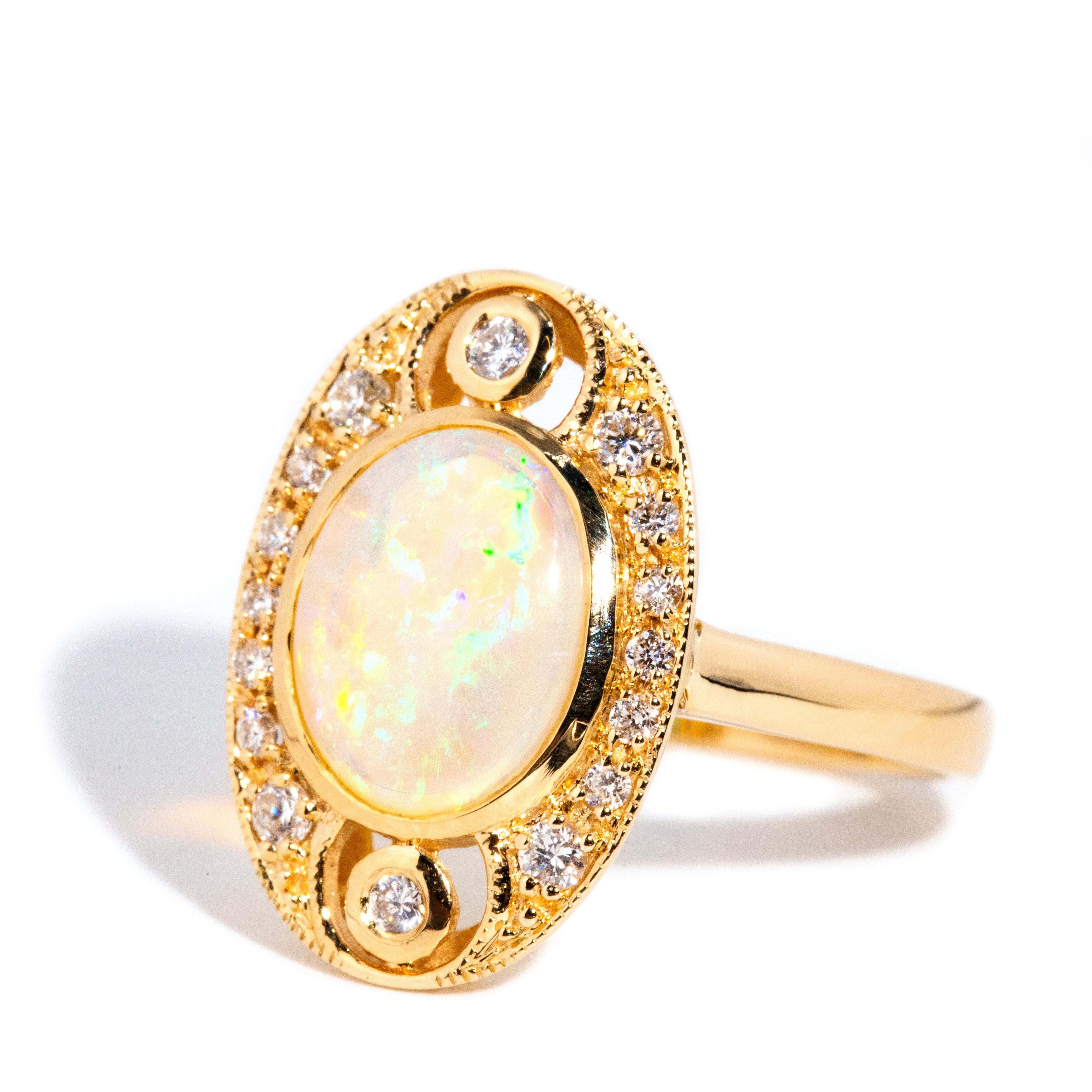 Oval Cut Vintage Inspired Solid Australian Opal & Round Diamond Ring 9 Carat Yellow Gold For Sale