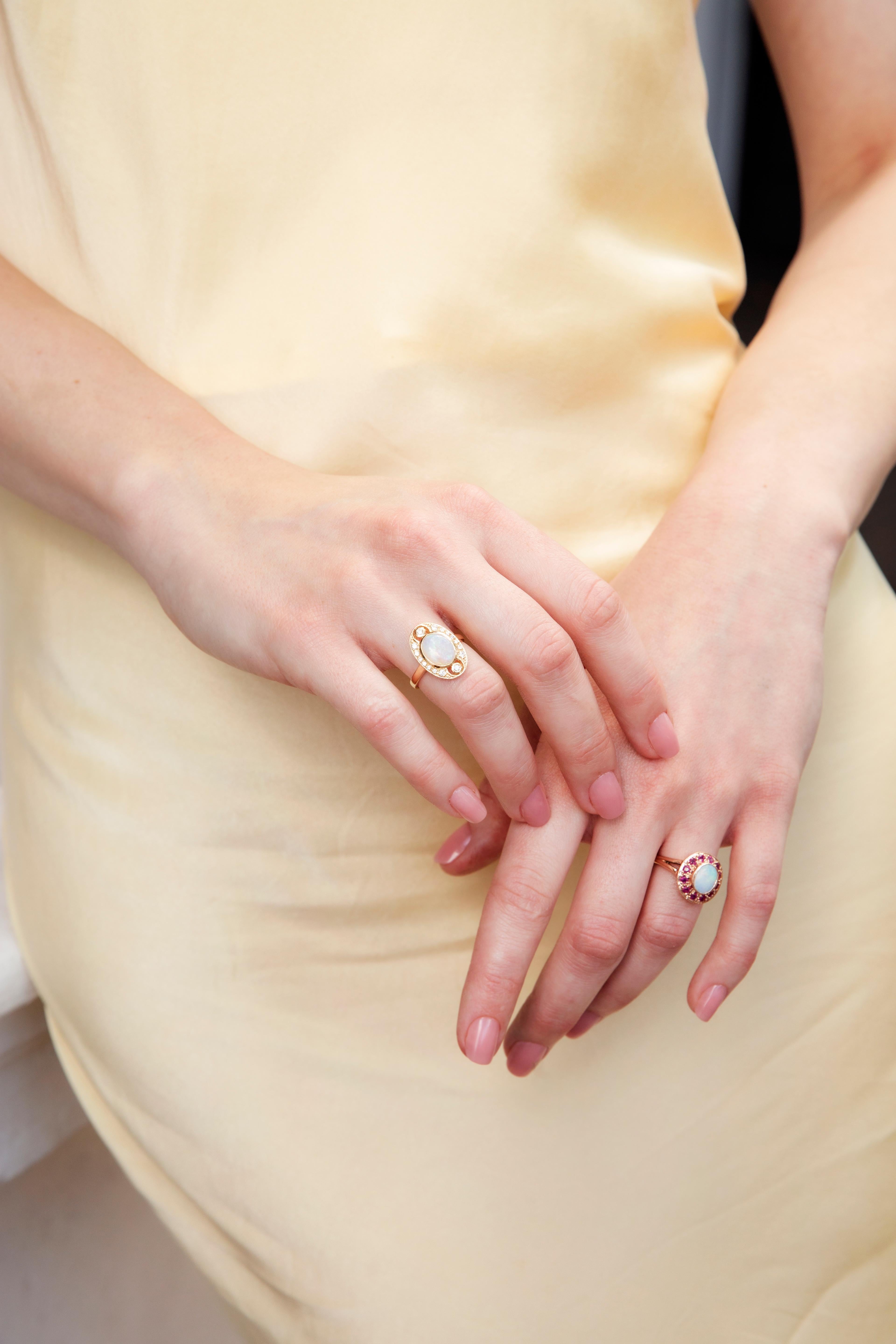 Vintage Inspired Solid Australian Opal & Round Diamond Ring 9 Carat Yellow Gold For Sale 1