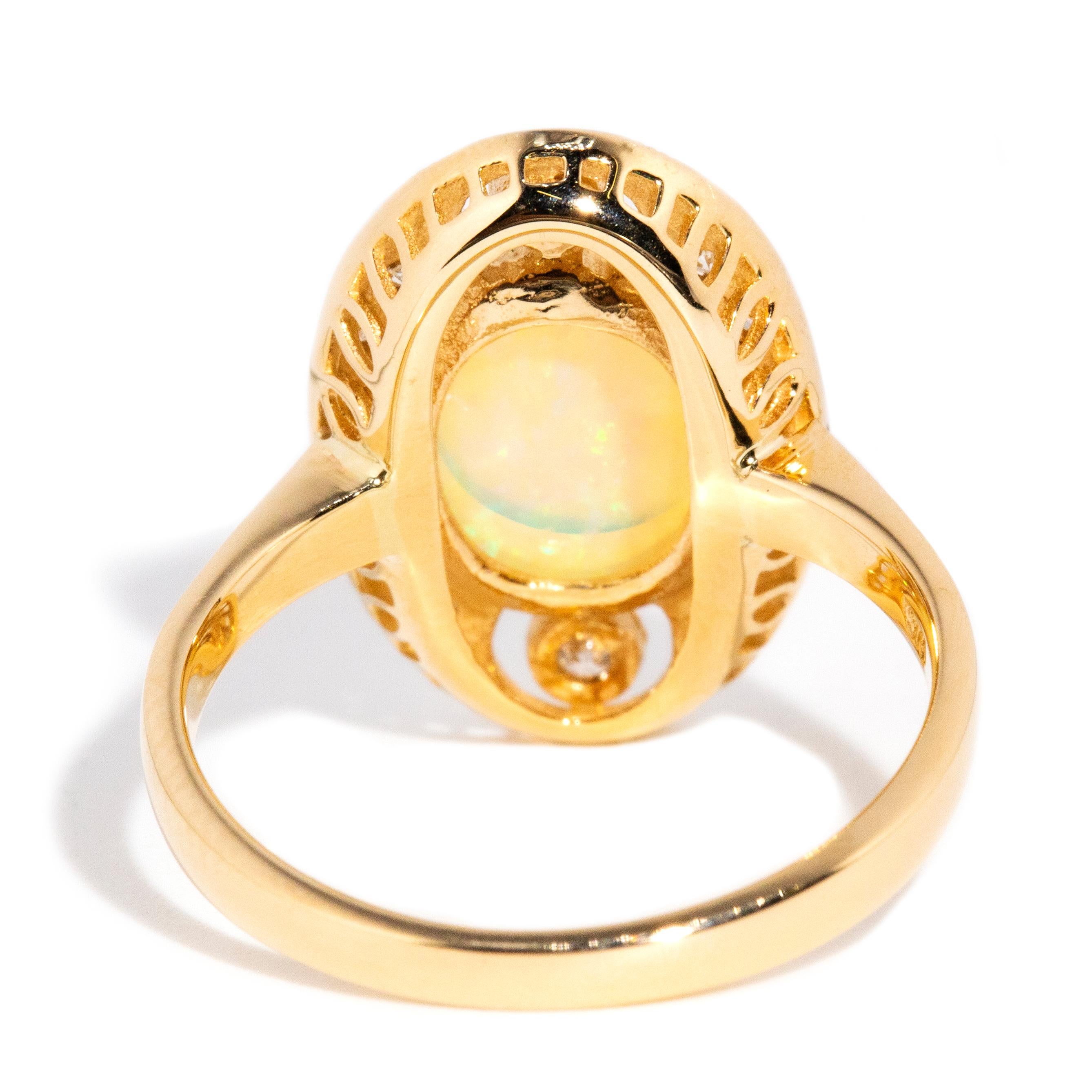 Vintage Inspired Solid Australian Opal & Round Diamond Ring 9 Carat Yellow Gold For Sale 2