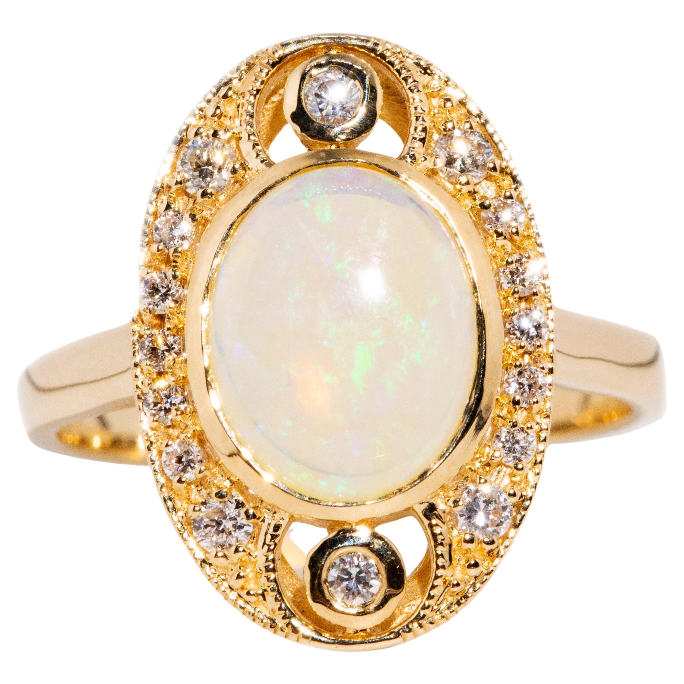 Vintage Inspired Solid Australian Opal & Round Diamond Ring 9 Carat Yellow Gold For Sale
