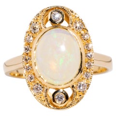 Vintage Inspired Solid Australian Opal & Round Diamond Ring 9 Carat Yellow Gold