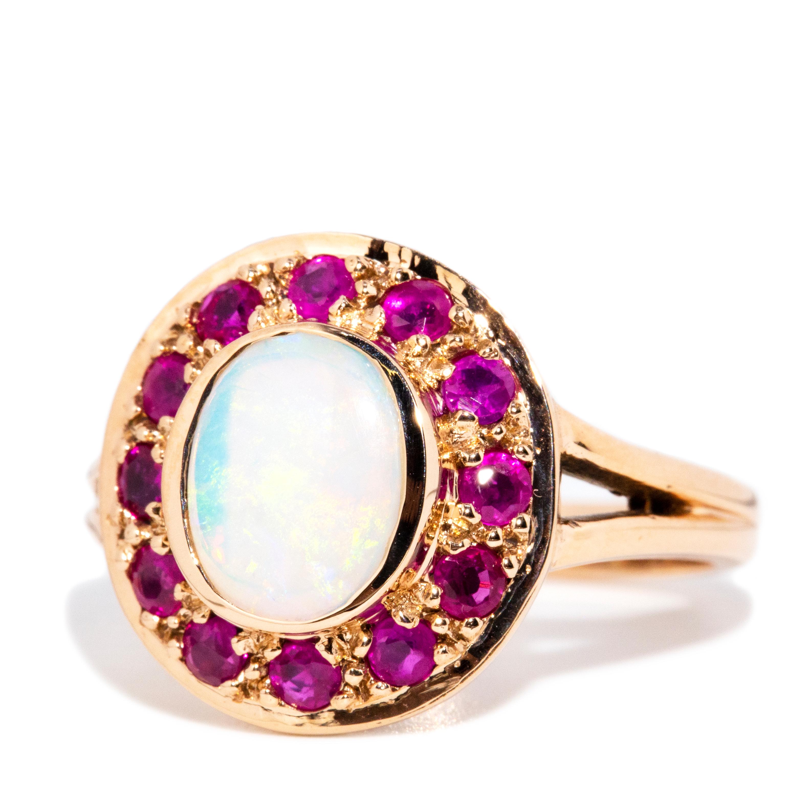 Vintage Inspired Solid Opal Cabochon & Purple Red Ruby Ring 9 Carat Yellow Gold In New Condition In Hamilton, AU