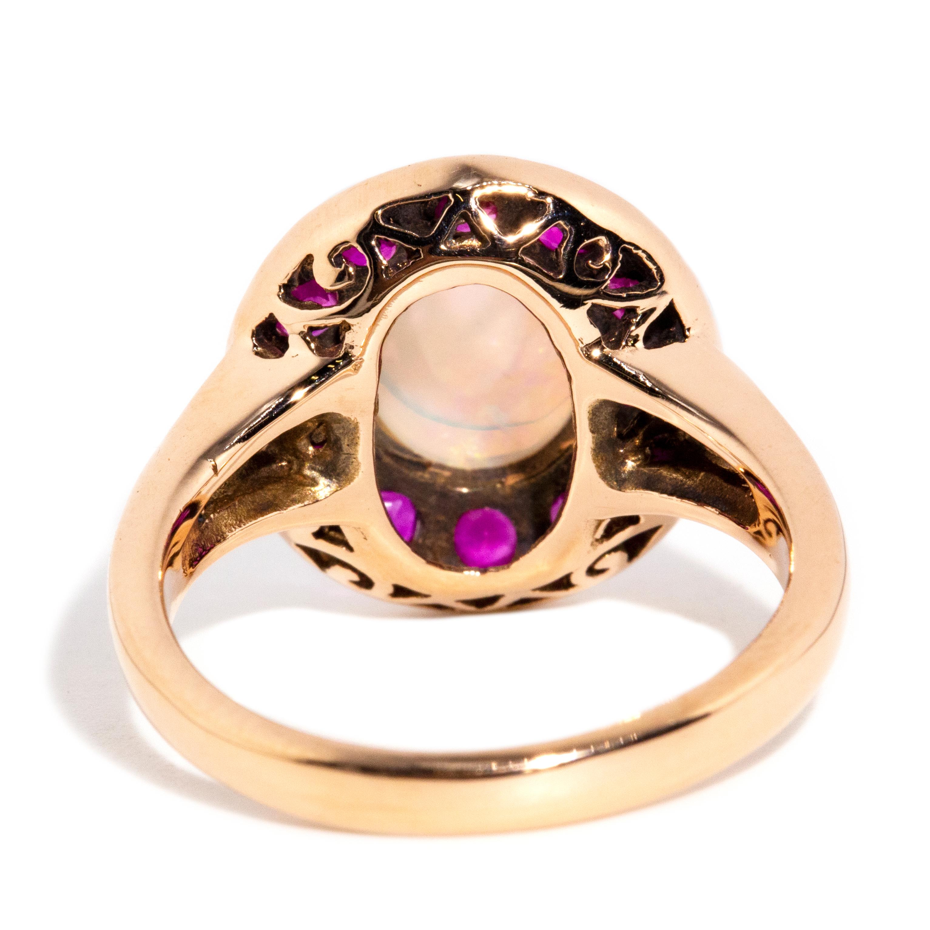 Vintage Inspired Solid Opal Cabochon & Purple Red Ruby Ring 9 Carat Yellow Gold 3