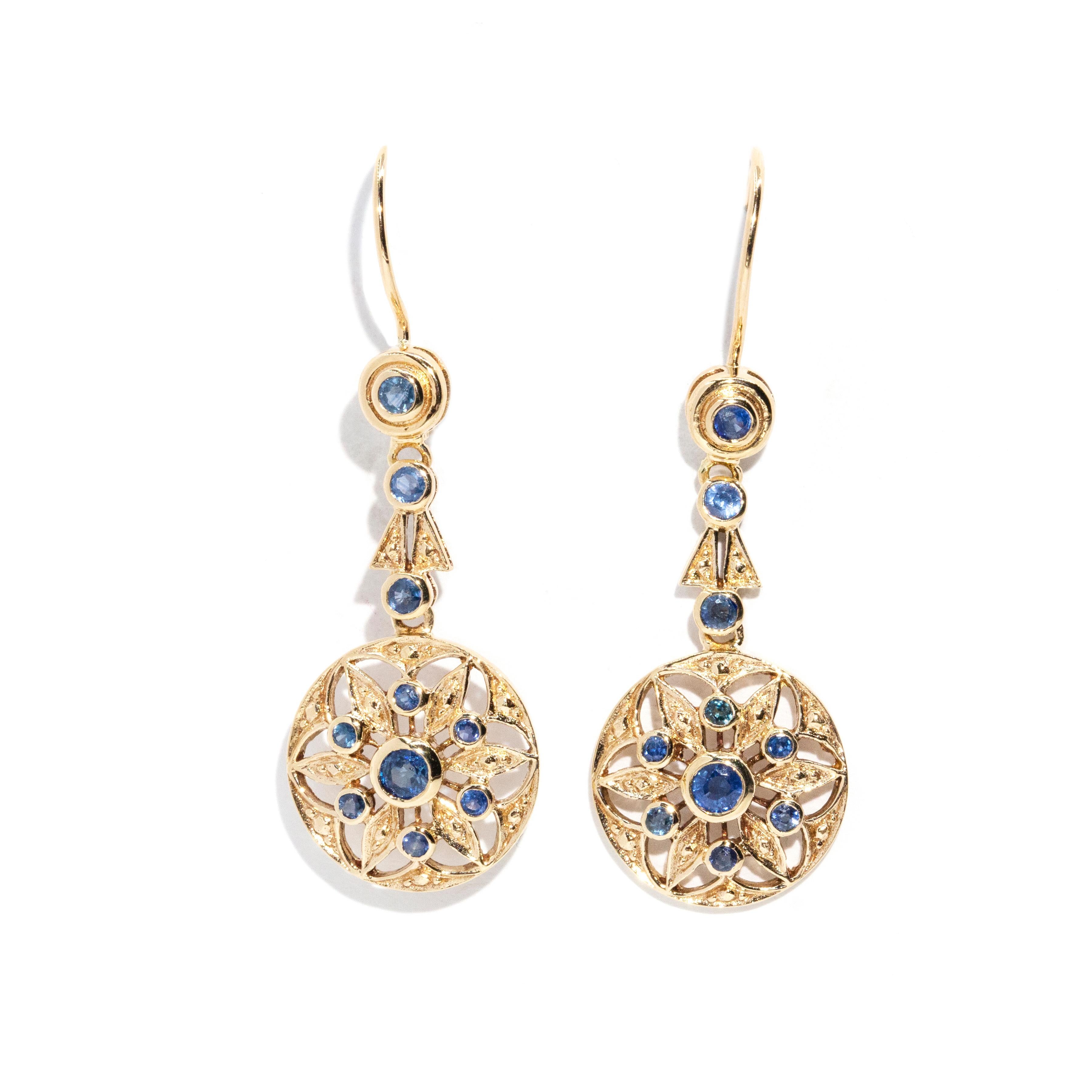 Contemporary Vintage Inspired Steel Blue Sapphire Drop Style Earrings 9 Carat Yellow Gold For Sale