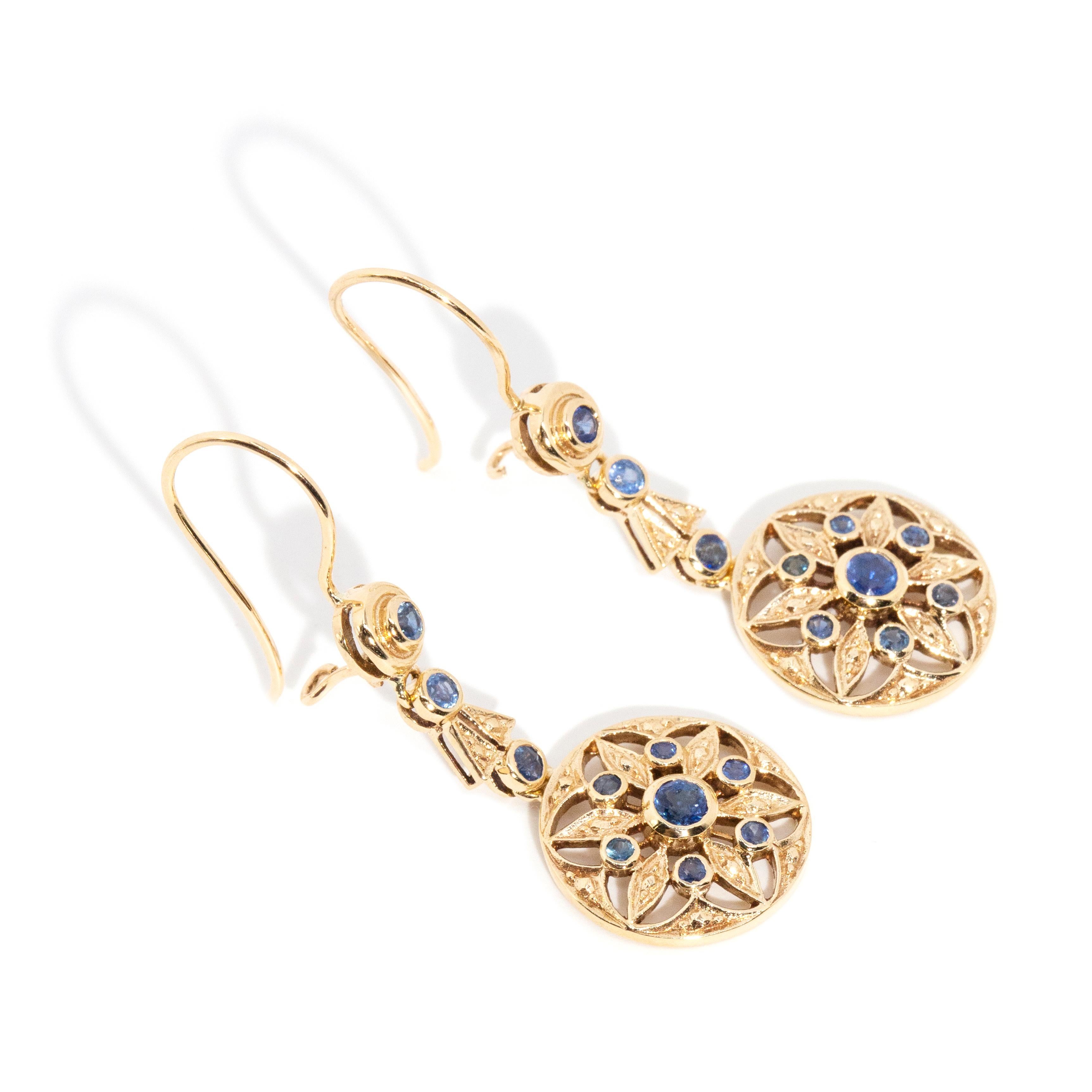 Women's Vintage Inspired Steel Blue Sapphire Drop Style Earrings 9 Carat Yellow Gold For Sale
